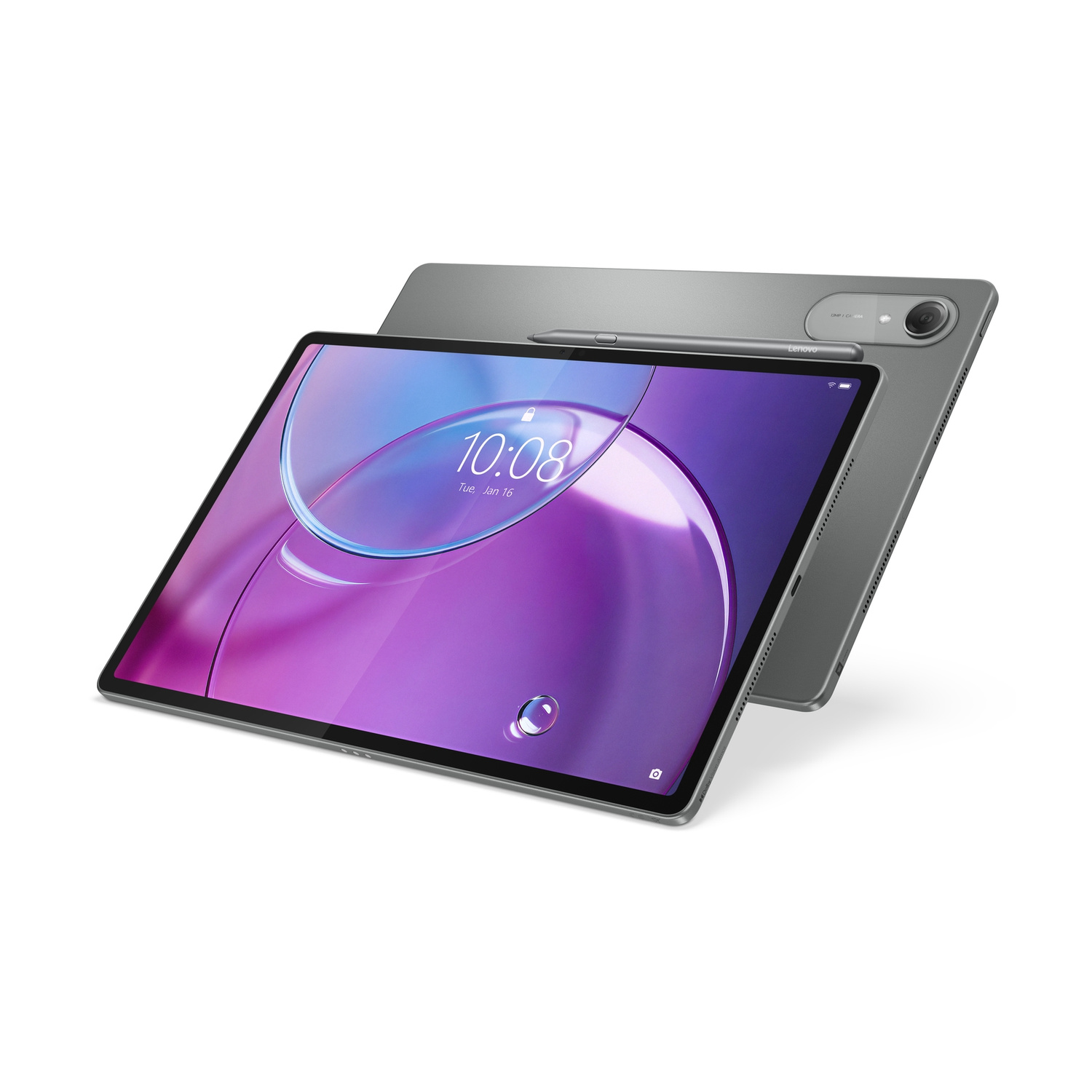 Un tablet Lenovo grigio con stilo riposa su una superficie bianca. Lo schermo mostra 10:08.