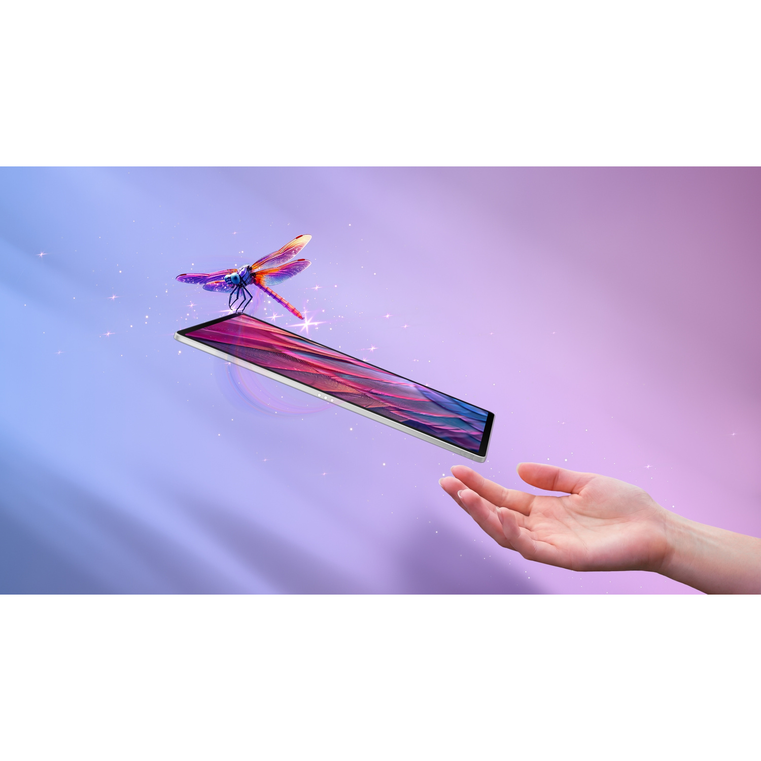 Una libellula su un tablet fluttuante su sfondo viola e blu con stelle.