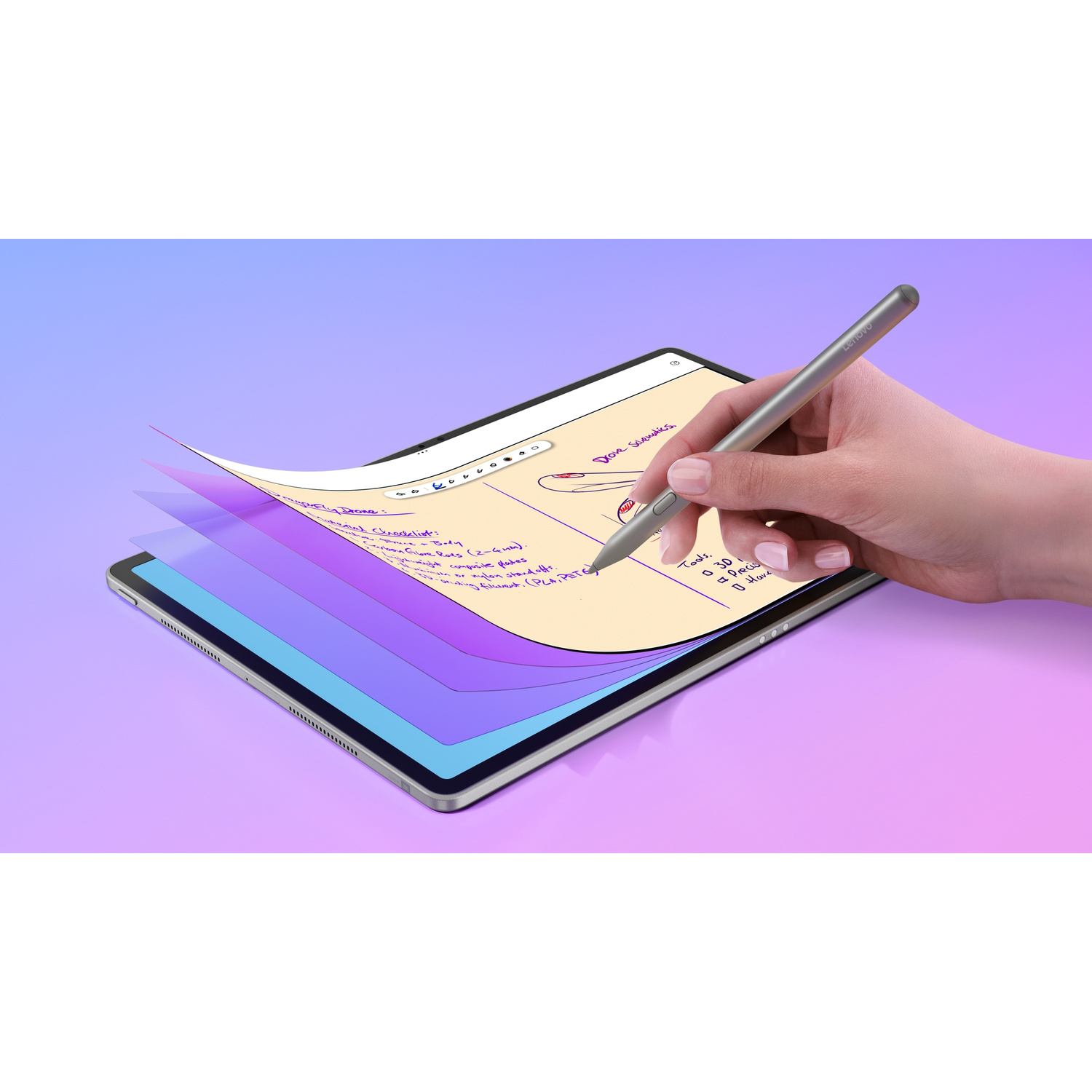 Una mano tiene uno stilo su un tablet che mostra appunti e diagrammi con pagine viola sovrapposte.