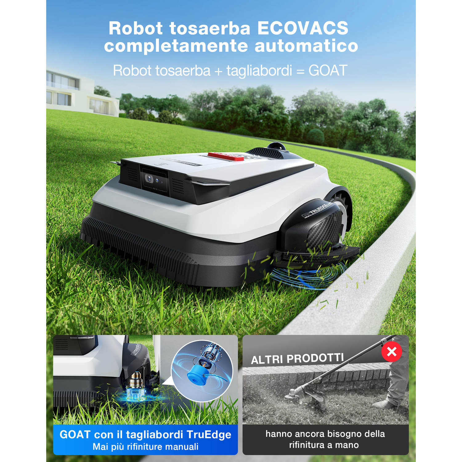 Un robot tosaerba su un prato davanti a una casa moderna. Dettagli delle funzionalità del prodotto in basso.