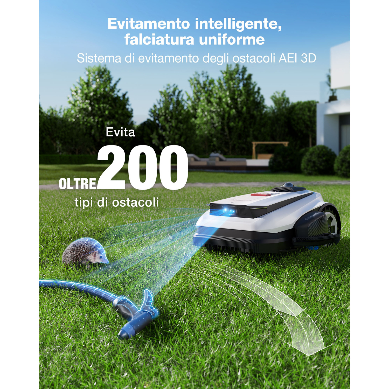 Un robot tagliaerba evita un riccio e un tubo da giardino.