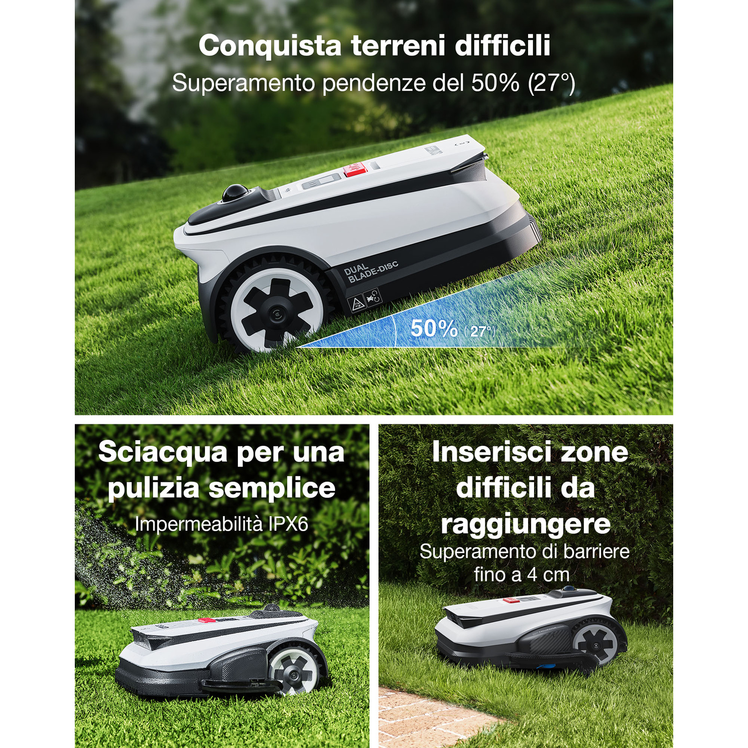 Un robot tagliaerba bianco su prato verde, capace di gestire pendenze del 50%.