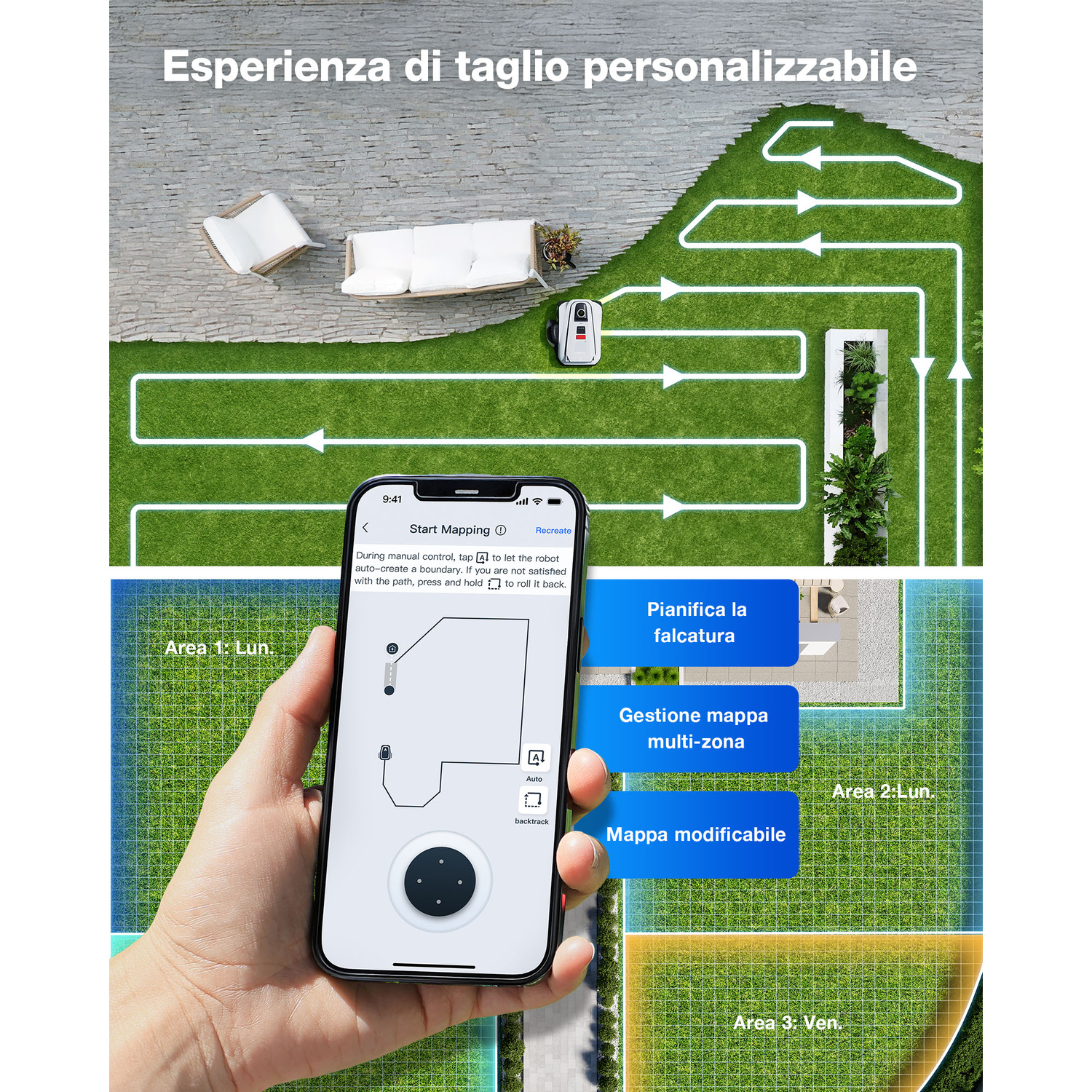 Uno smartphone mostra un prato con un robot tosaerba e una mappa di navigazione.