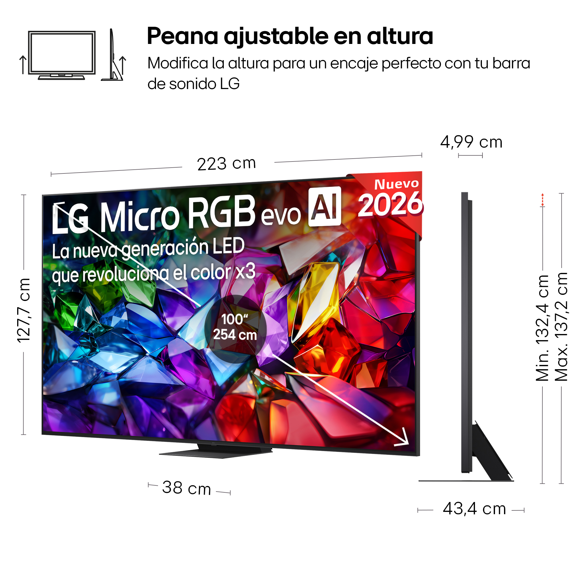 Televisor LG de 100" con dimensiones y soporte ajustable.