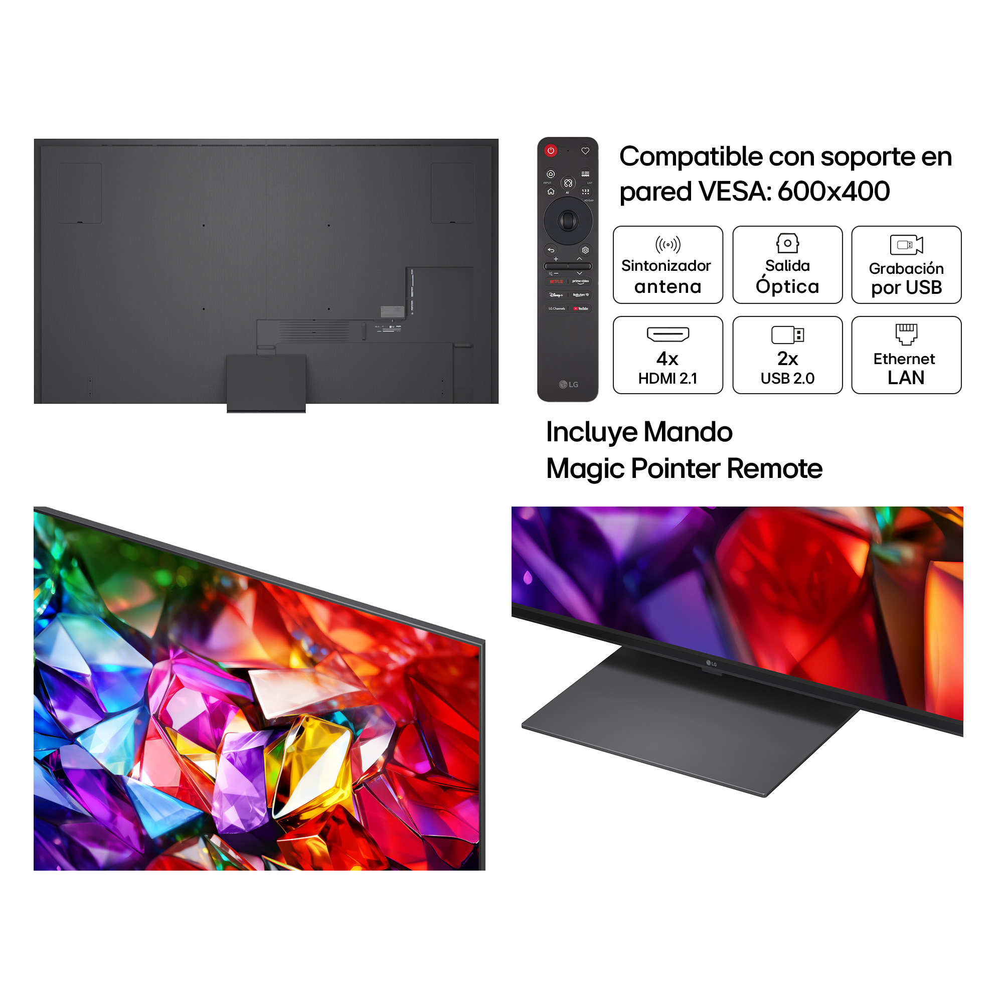 Parte trasera de un televisor LG con puertos y mando. Compatible con VESA. Pantalla colorida.