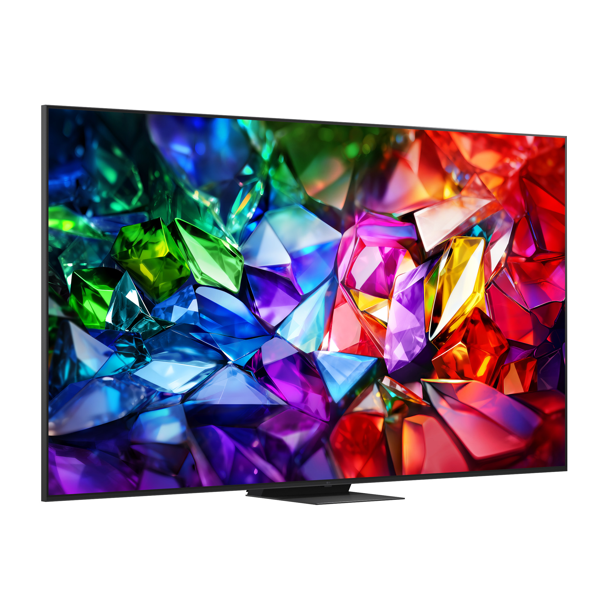 Un televisor moderno con bisel negro muestra una imagen abstracta y vibrante de cristales facetados de colores.