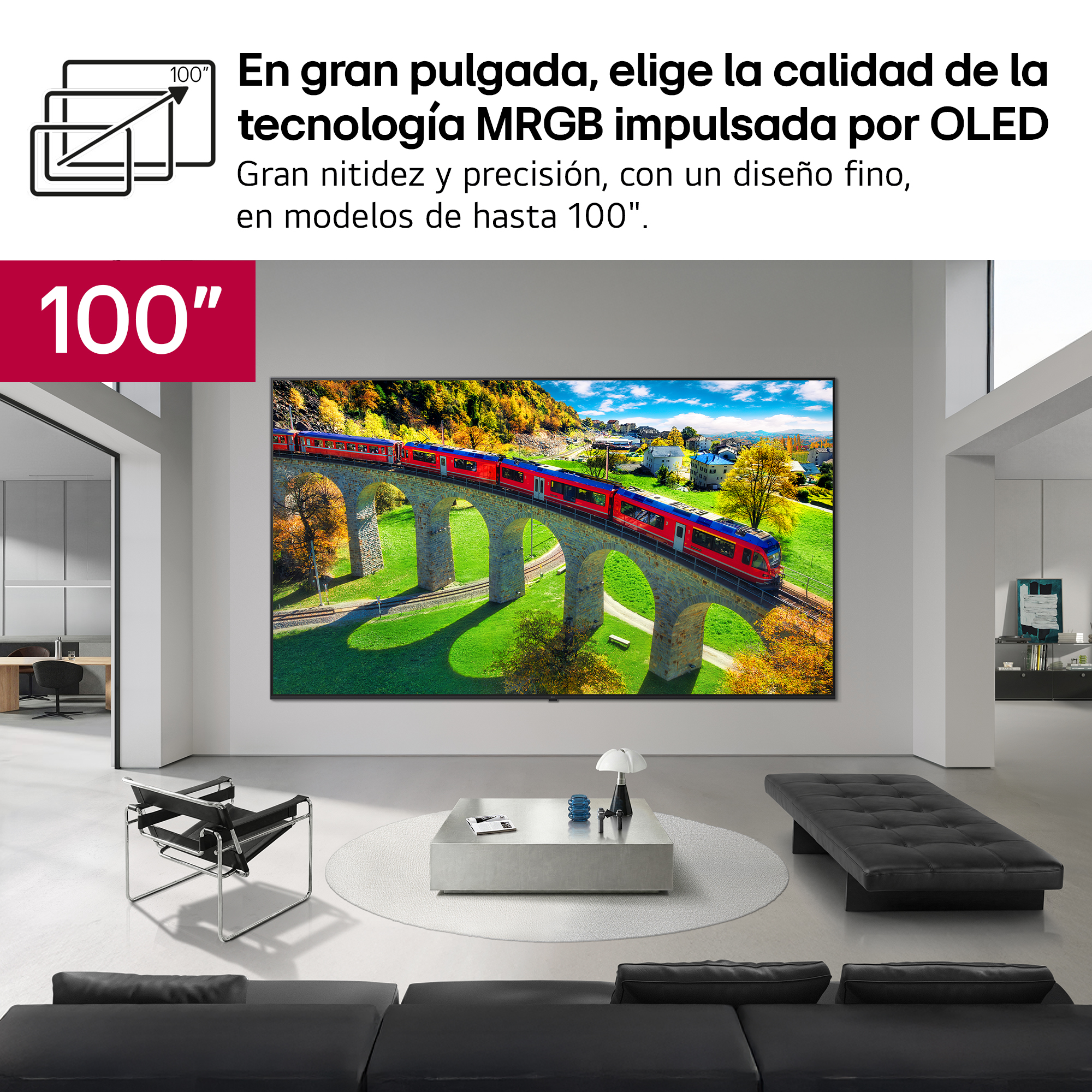 En gran pulgada, elige la calidad de la tecnología MRGB impulsada por OLED. Gran nitidez y precisión, con un diseño fino, en modelos de hasta 100".