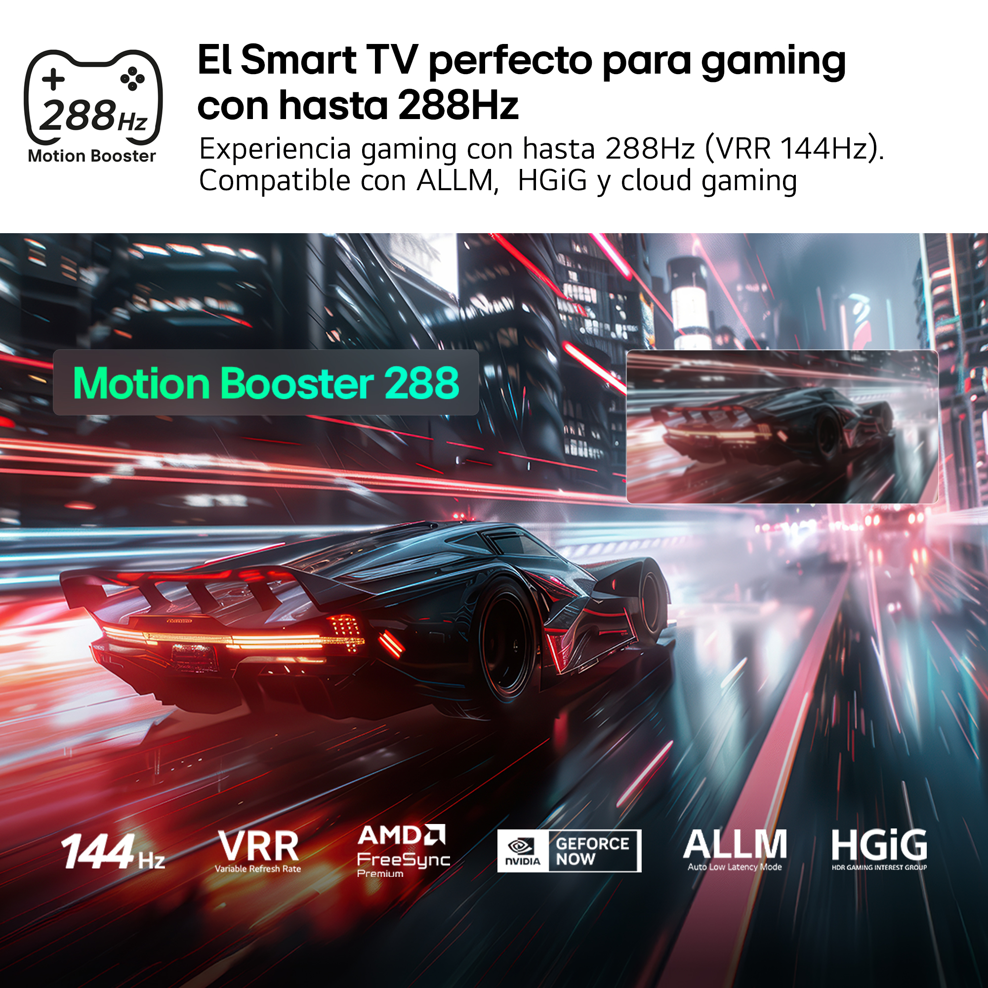 Un coche de carreras cruza una ciudad nocturna con "Motion Booster 288".