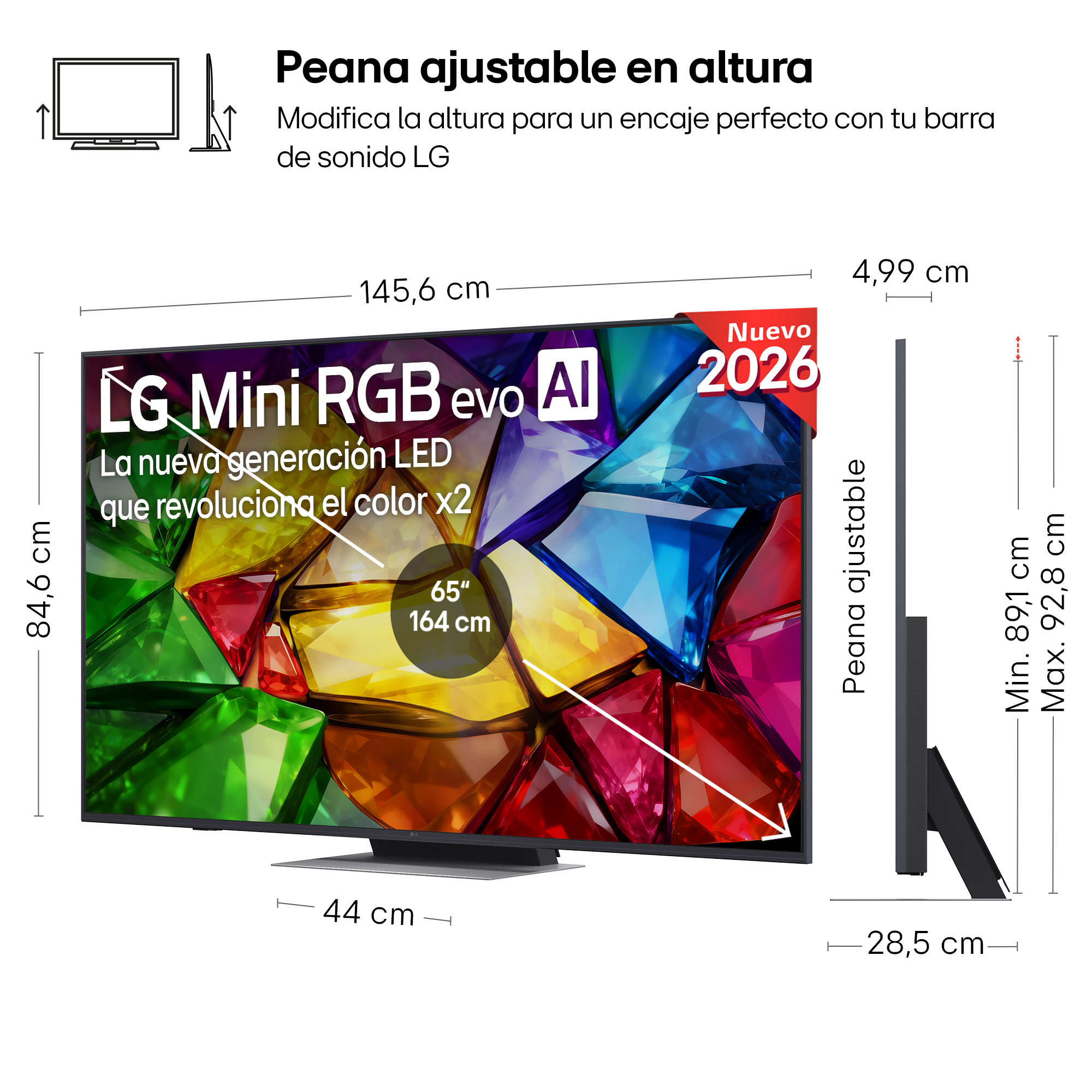 TV LG con soporte ajustable, 145,6 cm ancho, 84,6 cm alto. Vibrante arte abstracto.