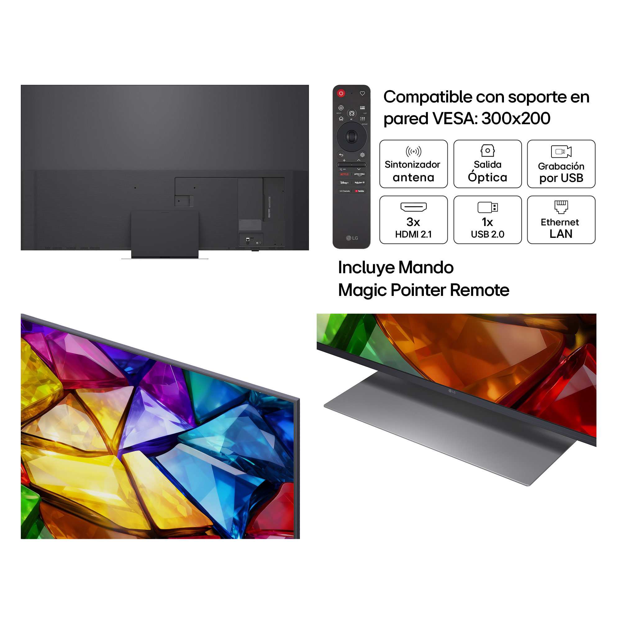 Parte trasera de TV con puertos, mando y especificaciones. También muestra pantalla.