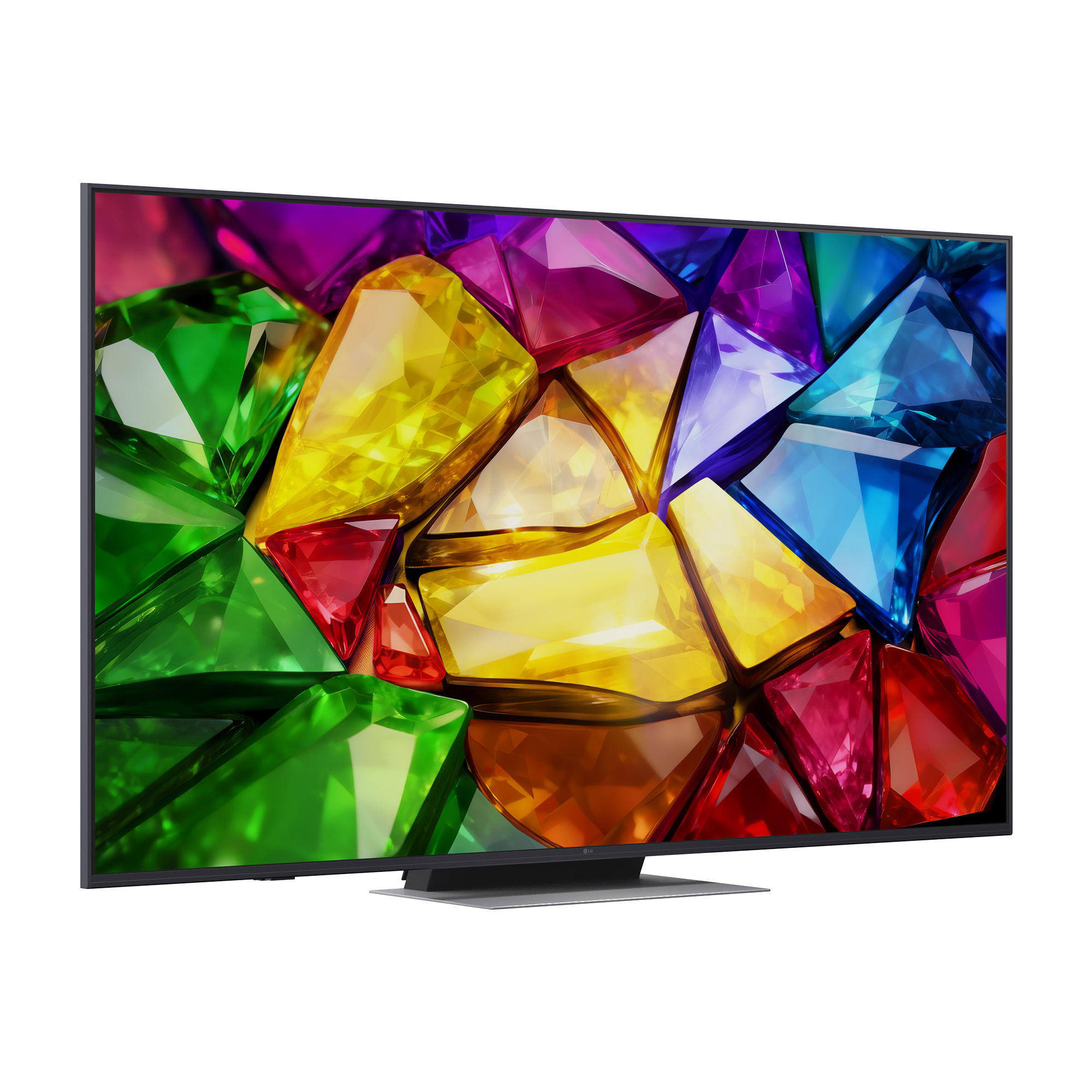 Un televisor moderno que muestra un patrón de gemas coloridas en su pantalla.