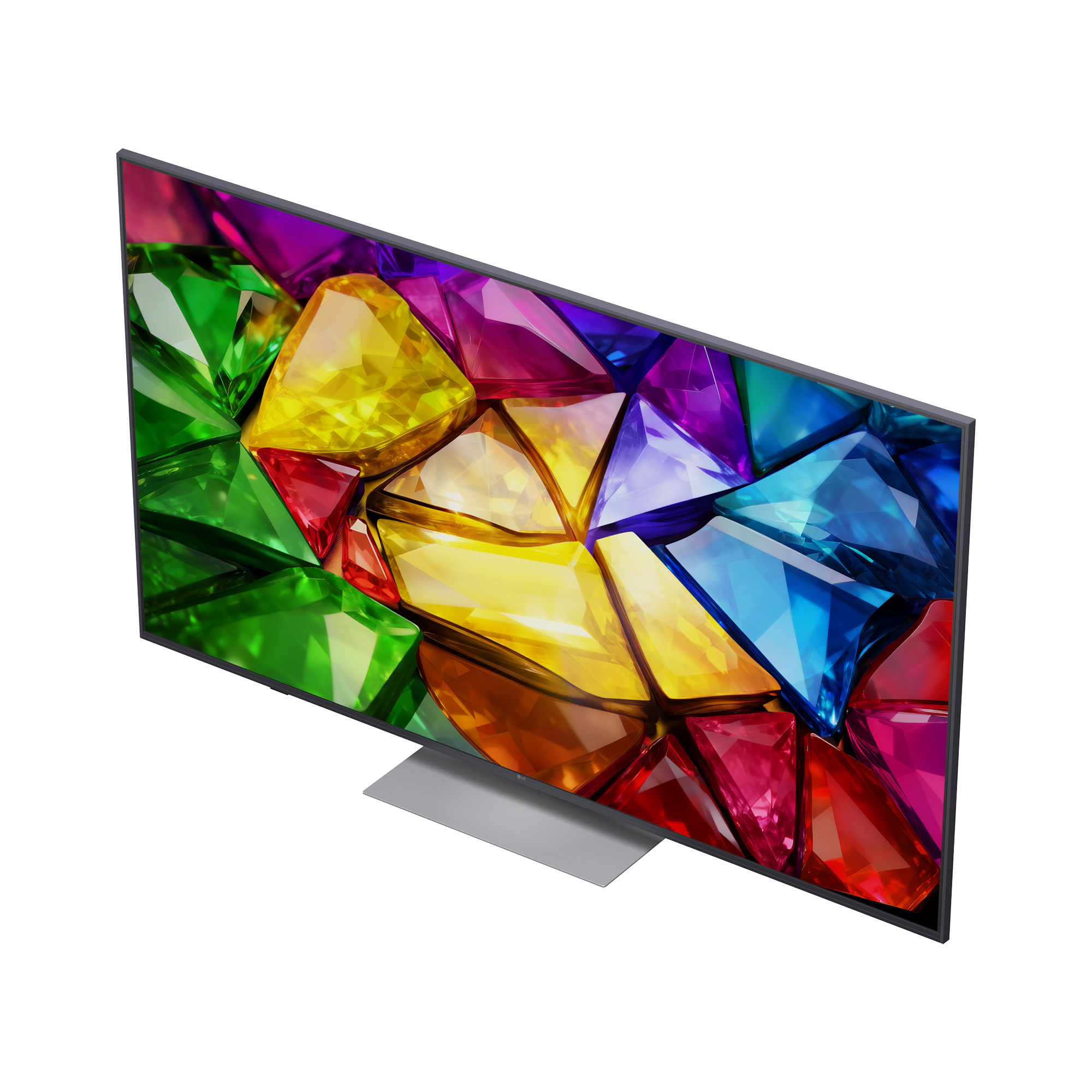 Un televisor moderno que muestra un patrón de gemas de colores en su pantalla.