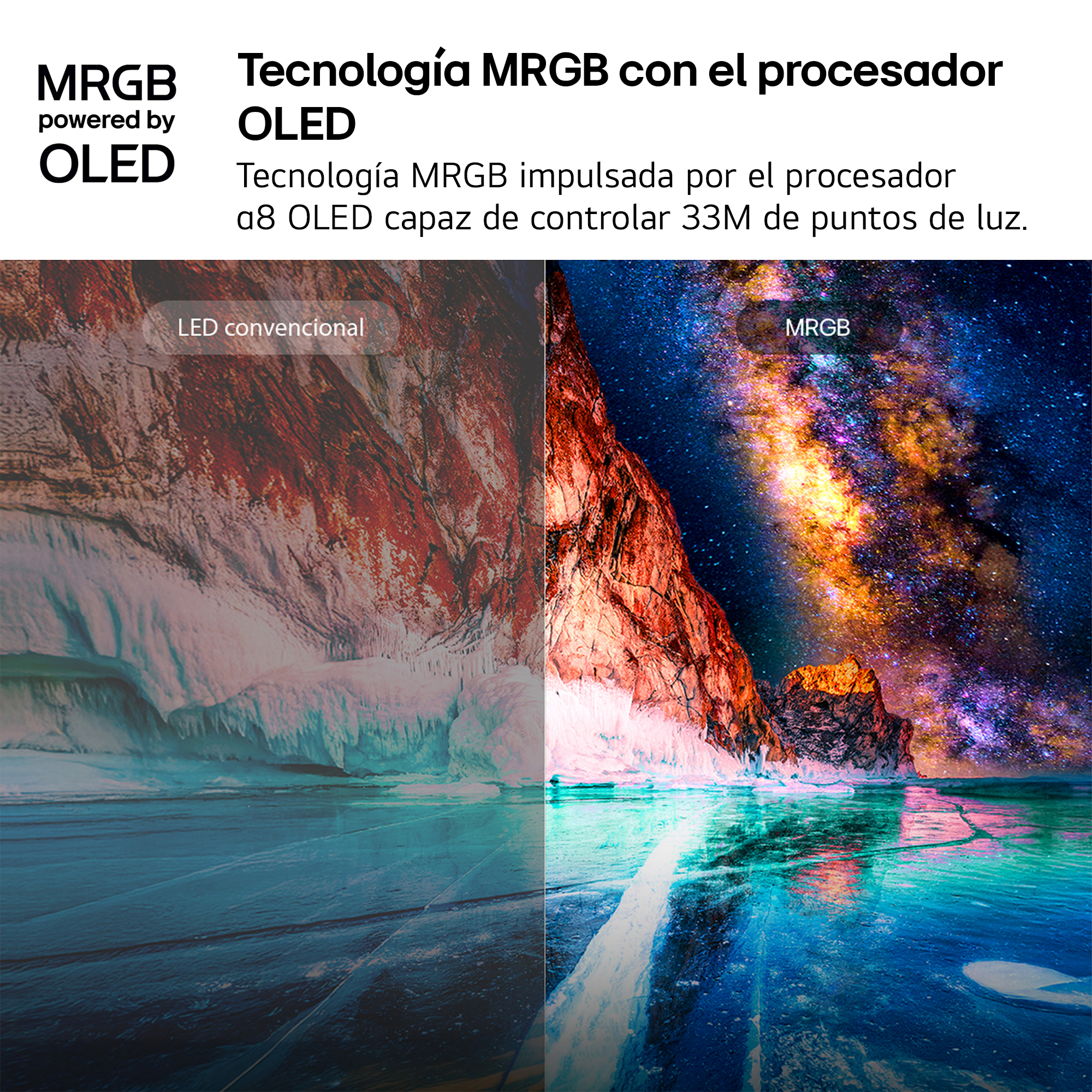 Comparación LED vs MRGB: Izquierda montaña con hielo, derecha cielo estrellado.