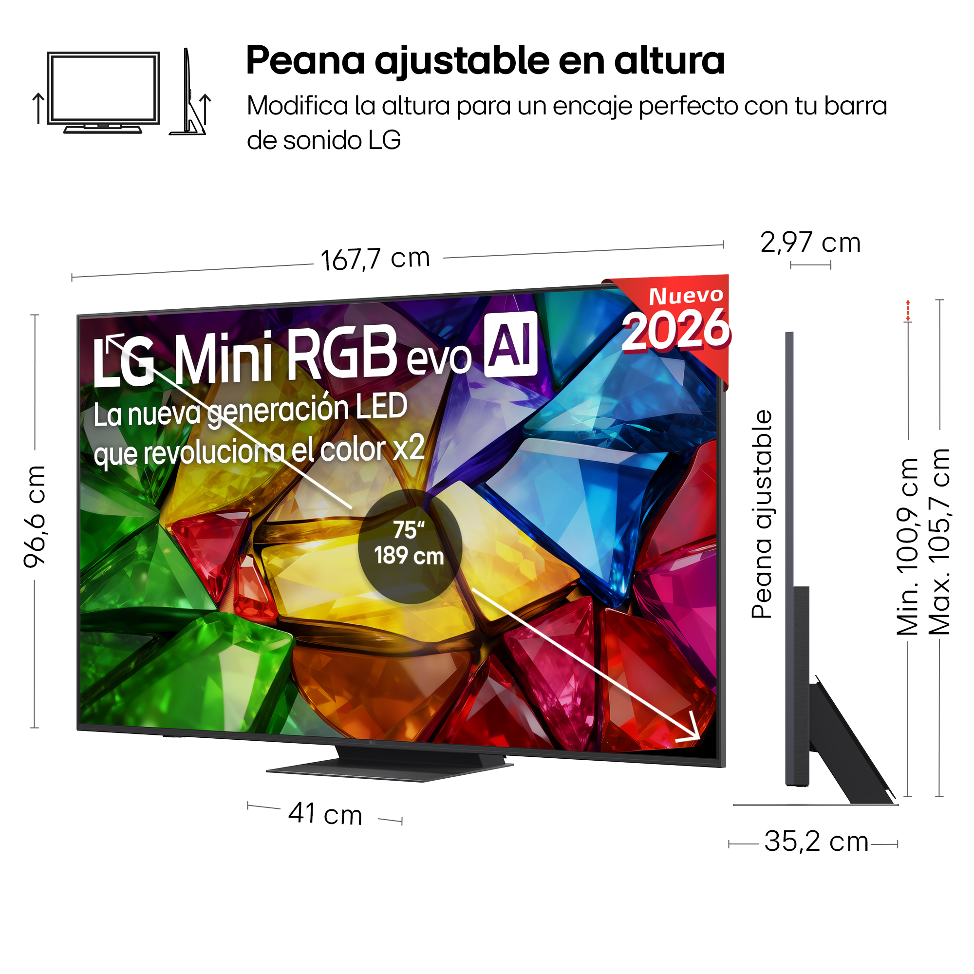 TV LG de 75 pulgadas con peana ajustable, 167,7 cm de ancho.
