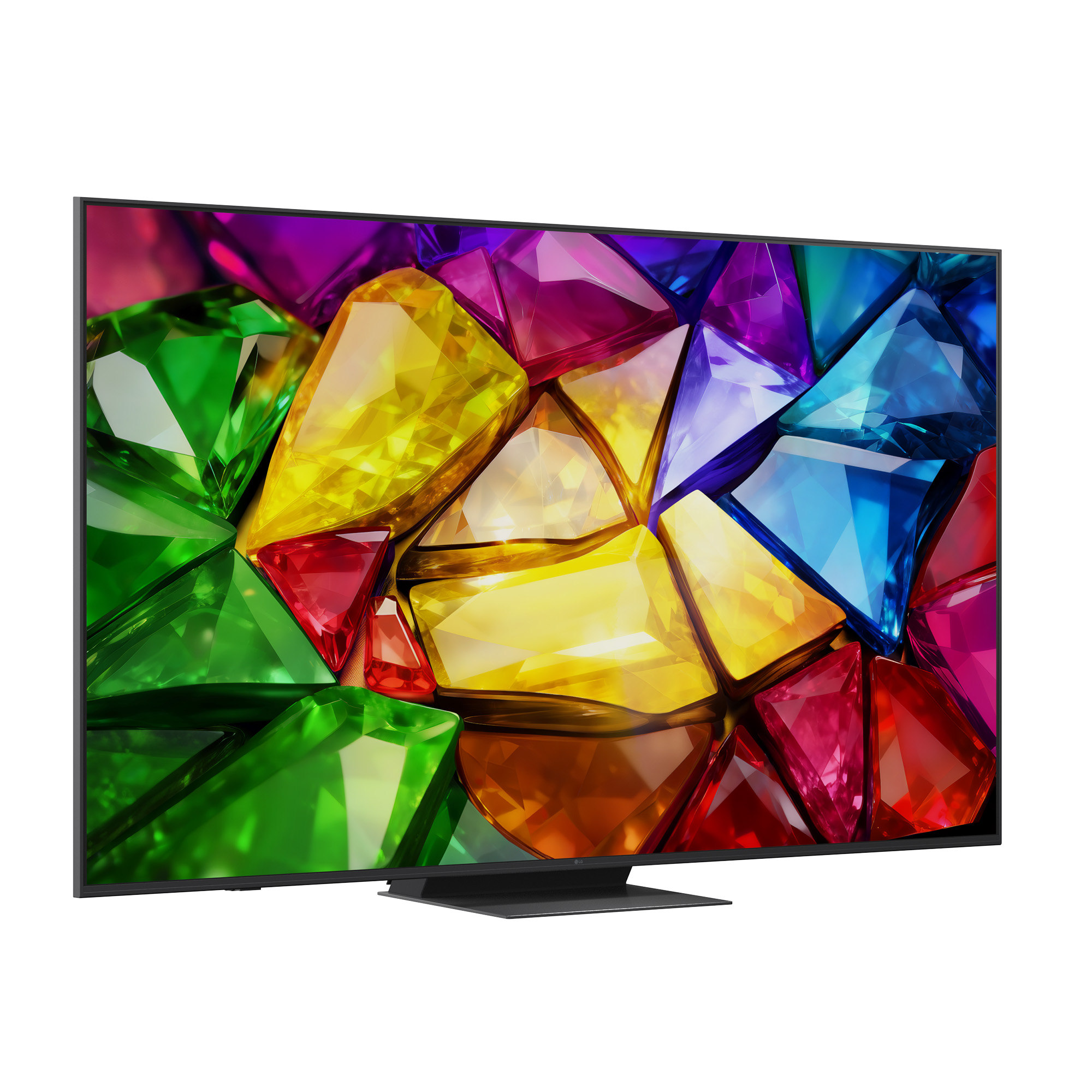 Un televisor moderno de pantalla plana que muestra un fondo colorido de gemas.
