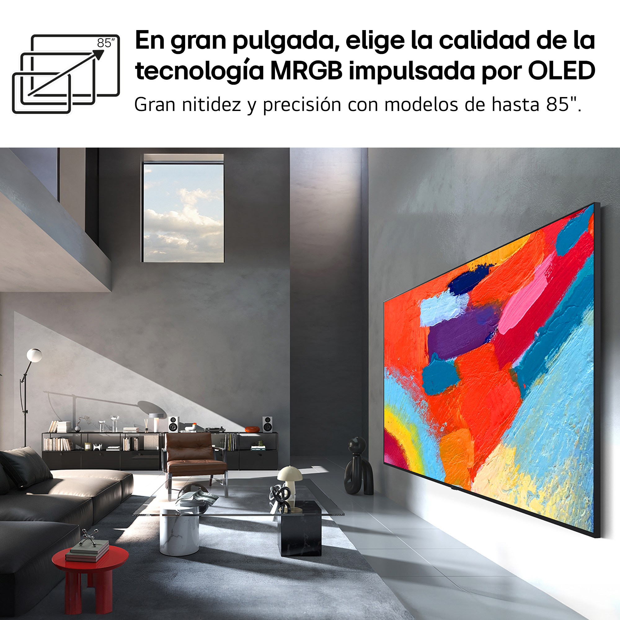 Sala de estar moderna con un gran televisor OLED que muestra arte vibrante.