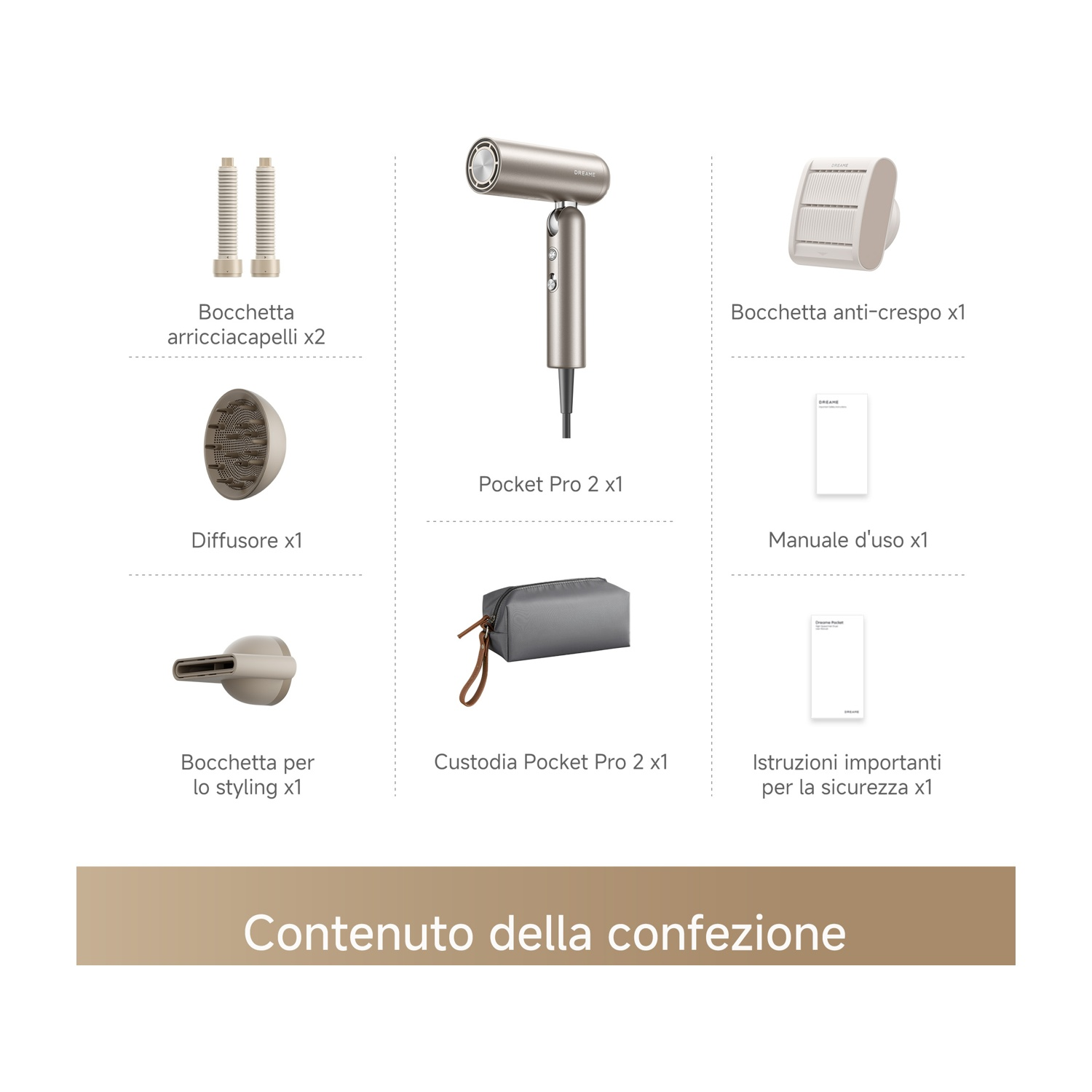 Contenuto della confezione: asciugacapelli, 2 bocchette arricciacapelli, diffusore, bocchetta per styling, custodia, bocchetta anti-crespo.