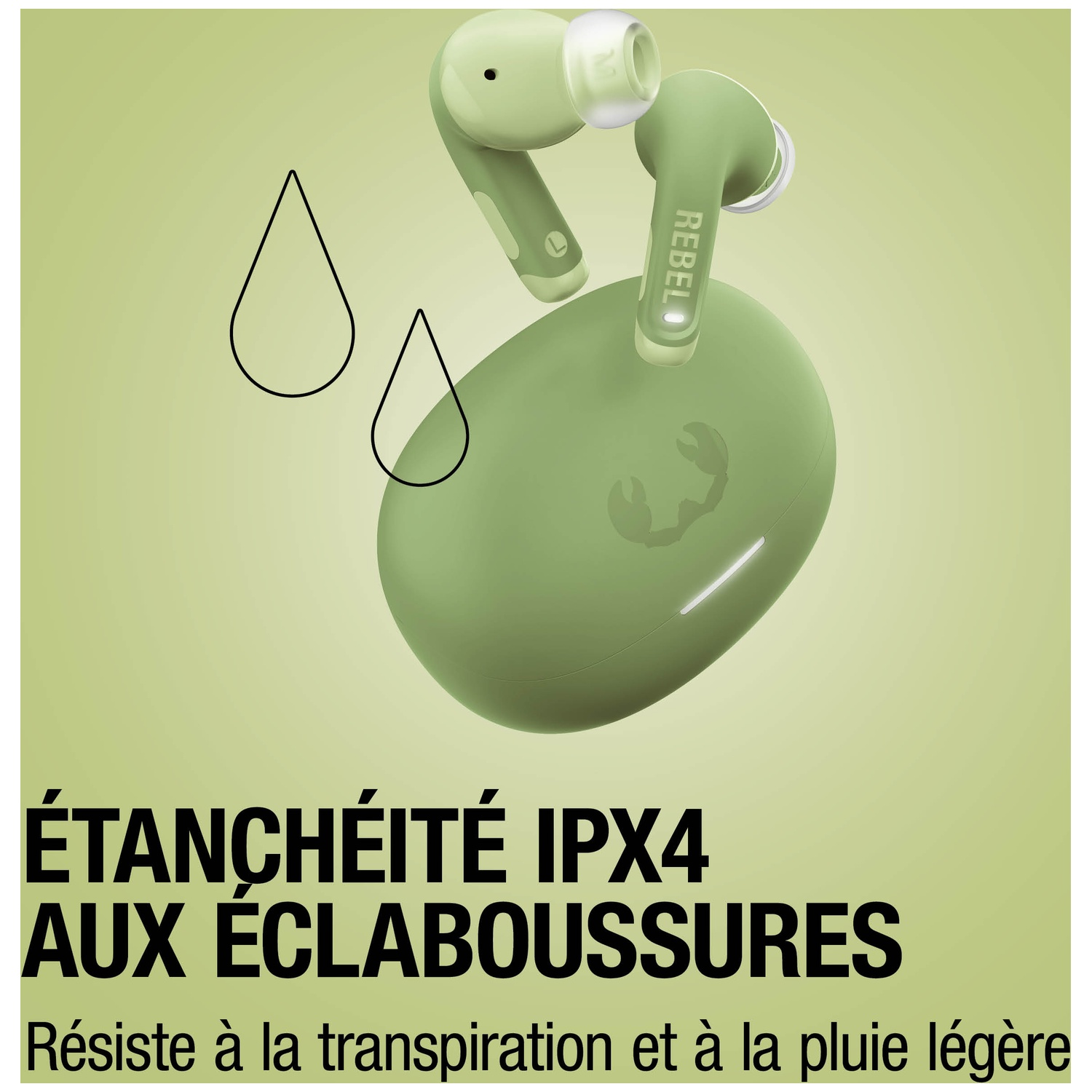 Écouteurs verts avec étui de chargement, résistants aux éclaboussures, IPX4.