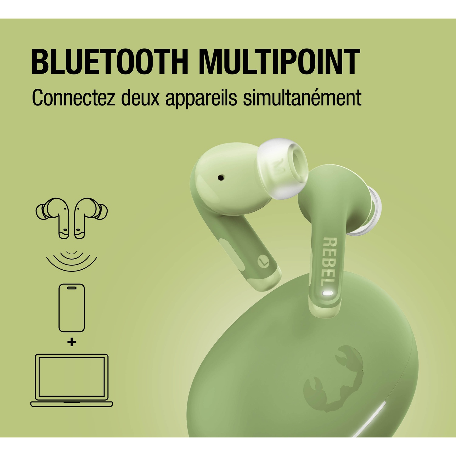 Écouteurs sans fil verts avec étui de chargement. Icônes de connexion Bluetooth, smartphone et ordinateur portable à gauche.