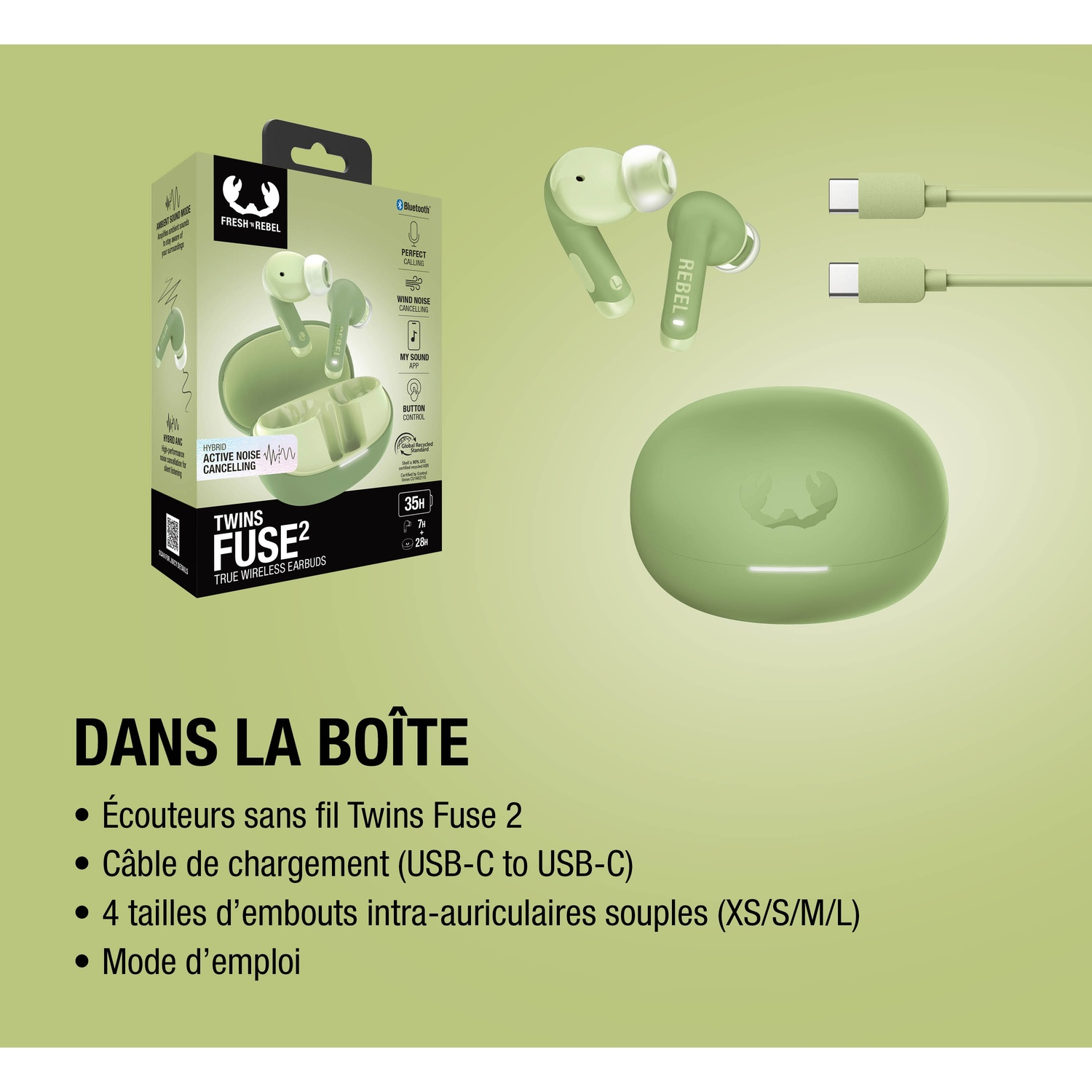 Écouteurs verts Fresh&Rebel Twins Fuse 2, boîtier et câble USB-C dans boîte.