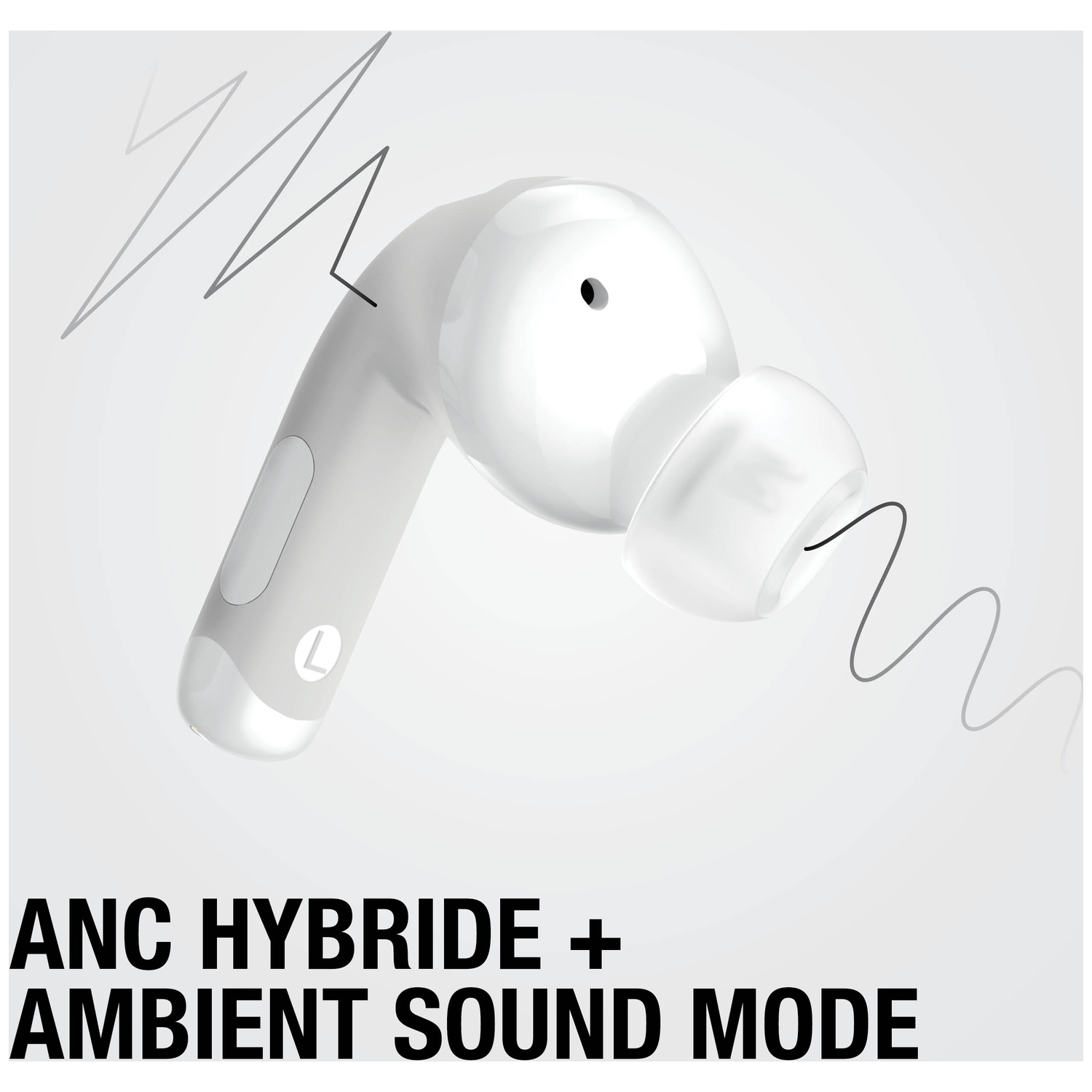Écouteur blanc avec symbole L et graphiques d'ondes sonores.