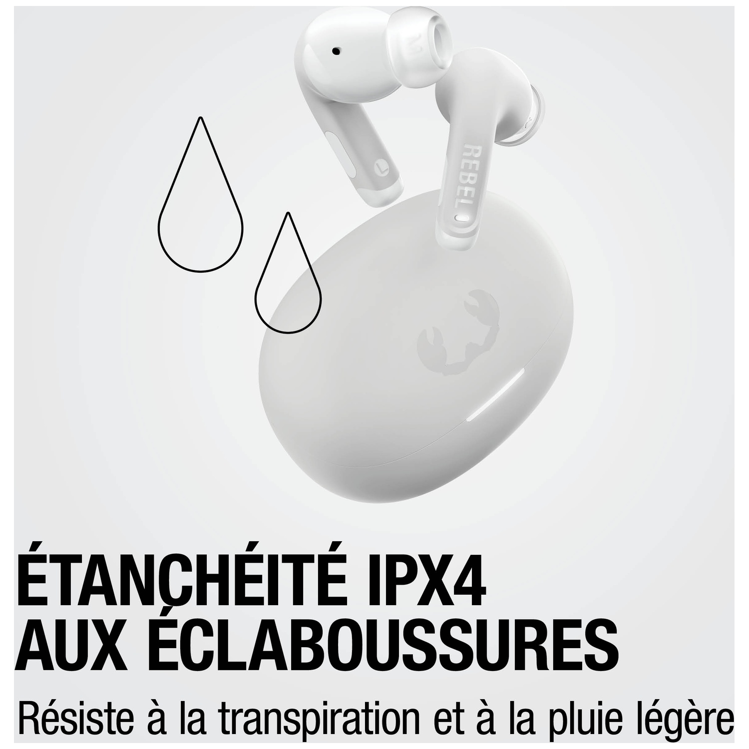 Écouteurs et boîtier blancs avec icônes de goutte d'eau. IPX4 résistant aux éclaboussures.