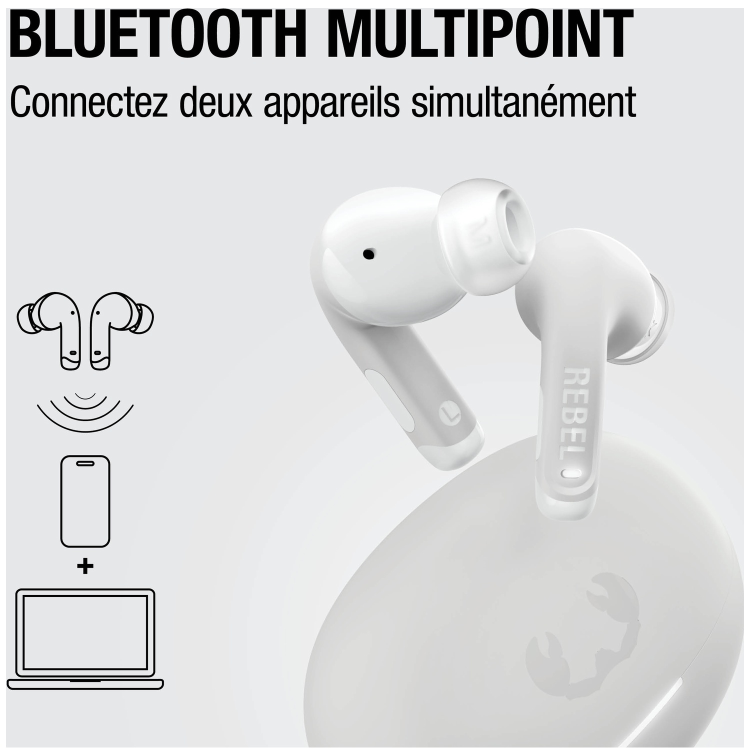 Écouteurs sans fil blancs avec étui de chargement, se connectant à un téléphone et un ordinateur.