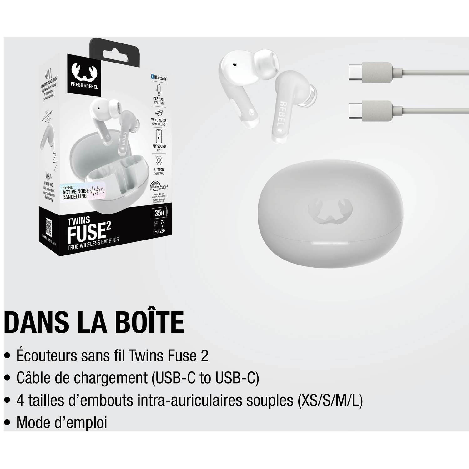 Écouteurs Fresh Rebel Twins Fuse 2 en boîte avec étui de chargement, câbles USB-C.
