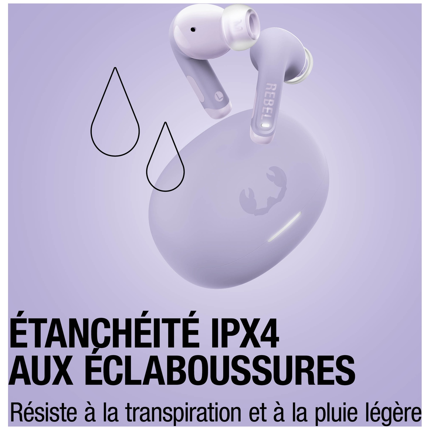 Écouteurs violets avec étui de chargement et icône de goutte. IPX4.