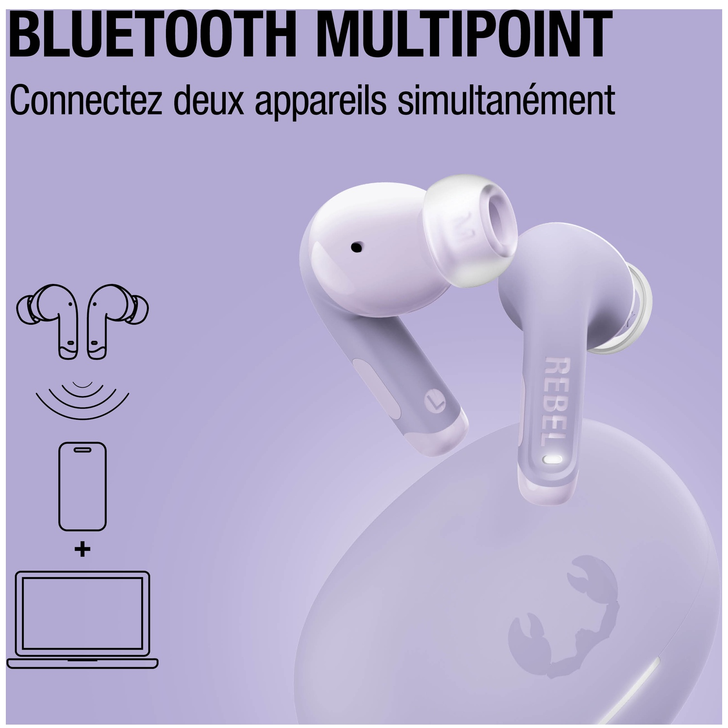 Écouteurs lavande avec étui de chargement. Texte : BLUETOOTH MULTIPOINT.