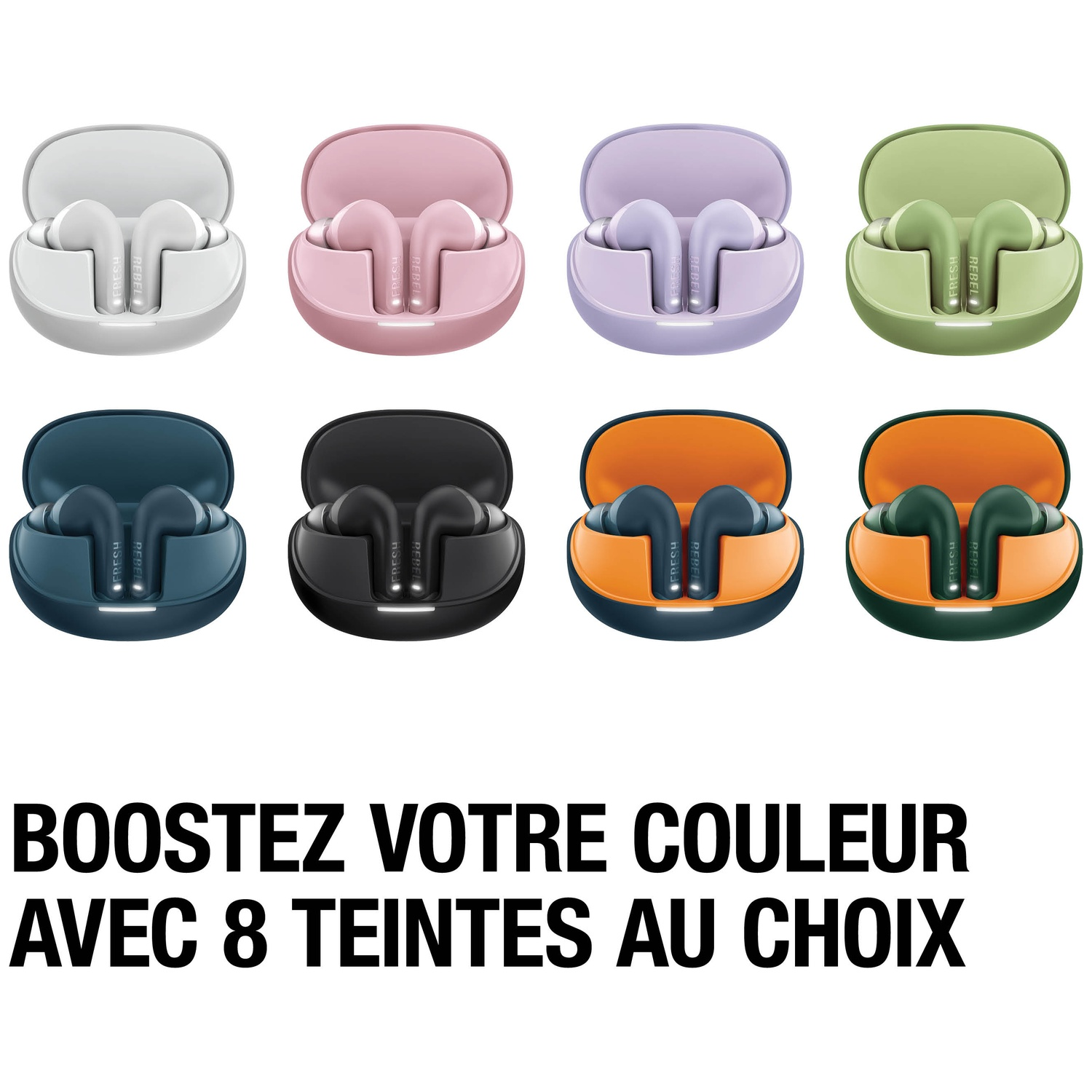 Huit écouteurs sans fil de différentes couleurs dans leurs étuis de chargement.