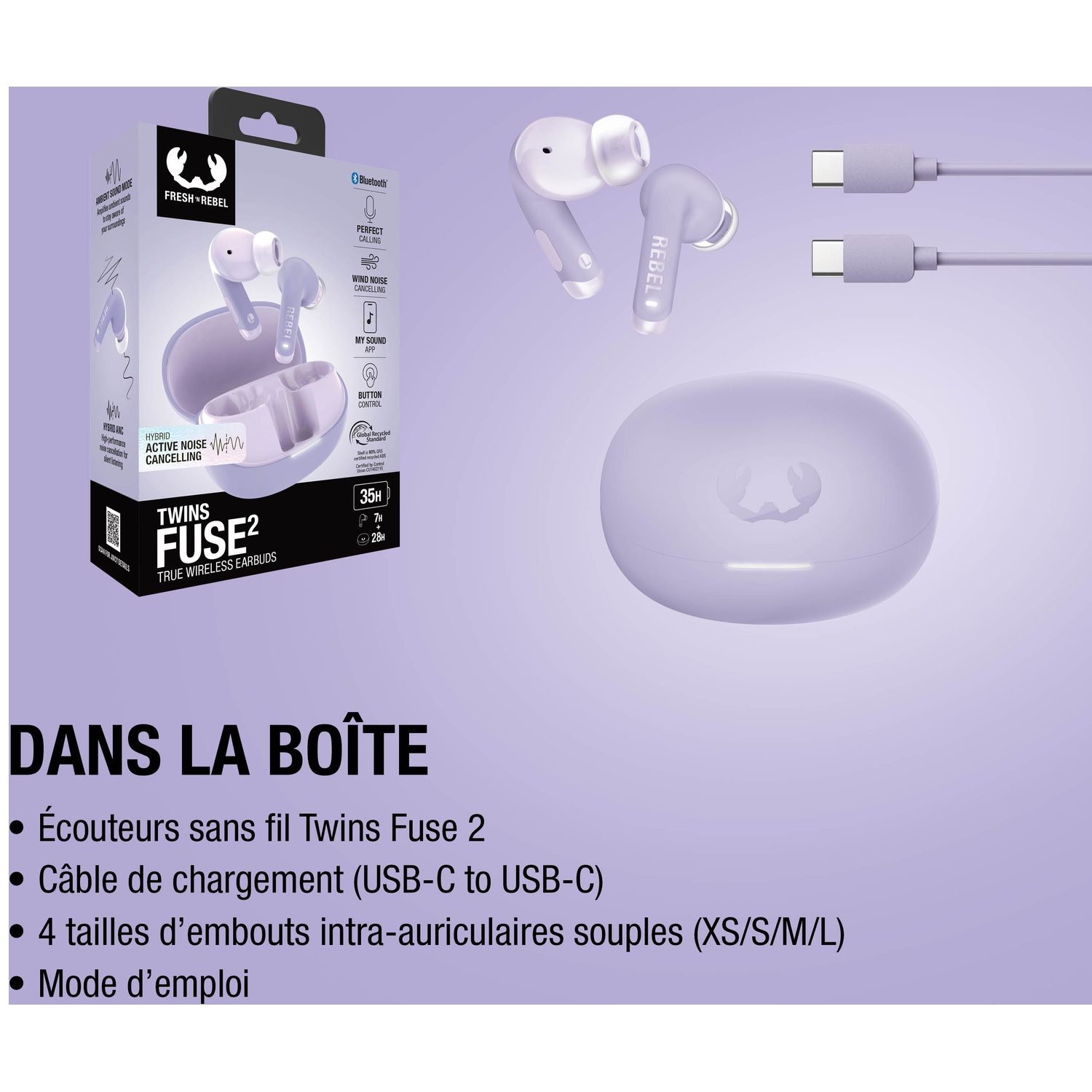 Écouteurs violets Fresh Rebel Twins Fuse 2 avec étui de chargement et câble USB-C