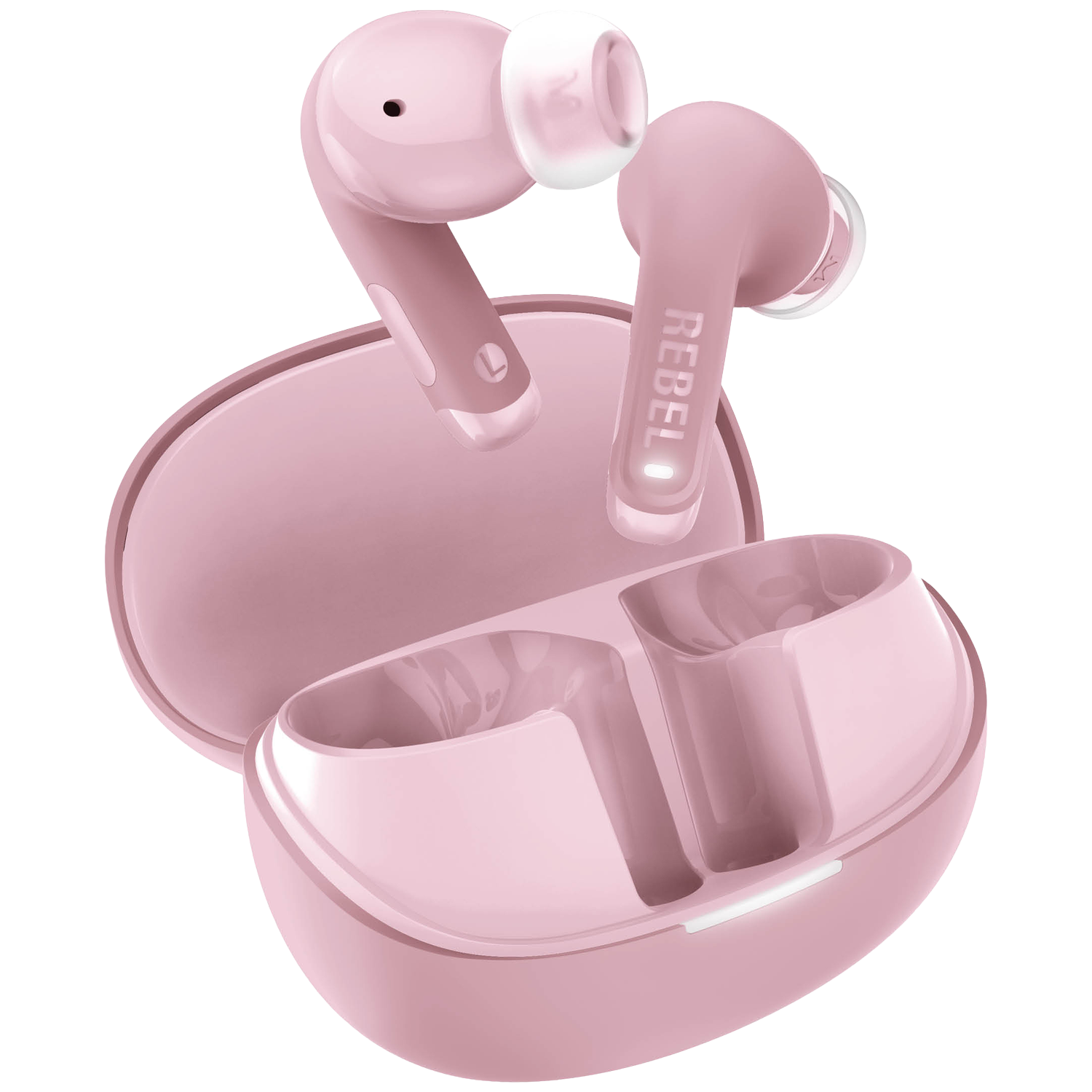 Roze draadloze oordopjes met oplaadcase, één oordopje in de case, één ernaast.