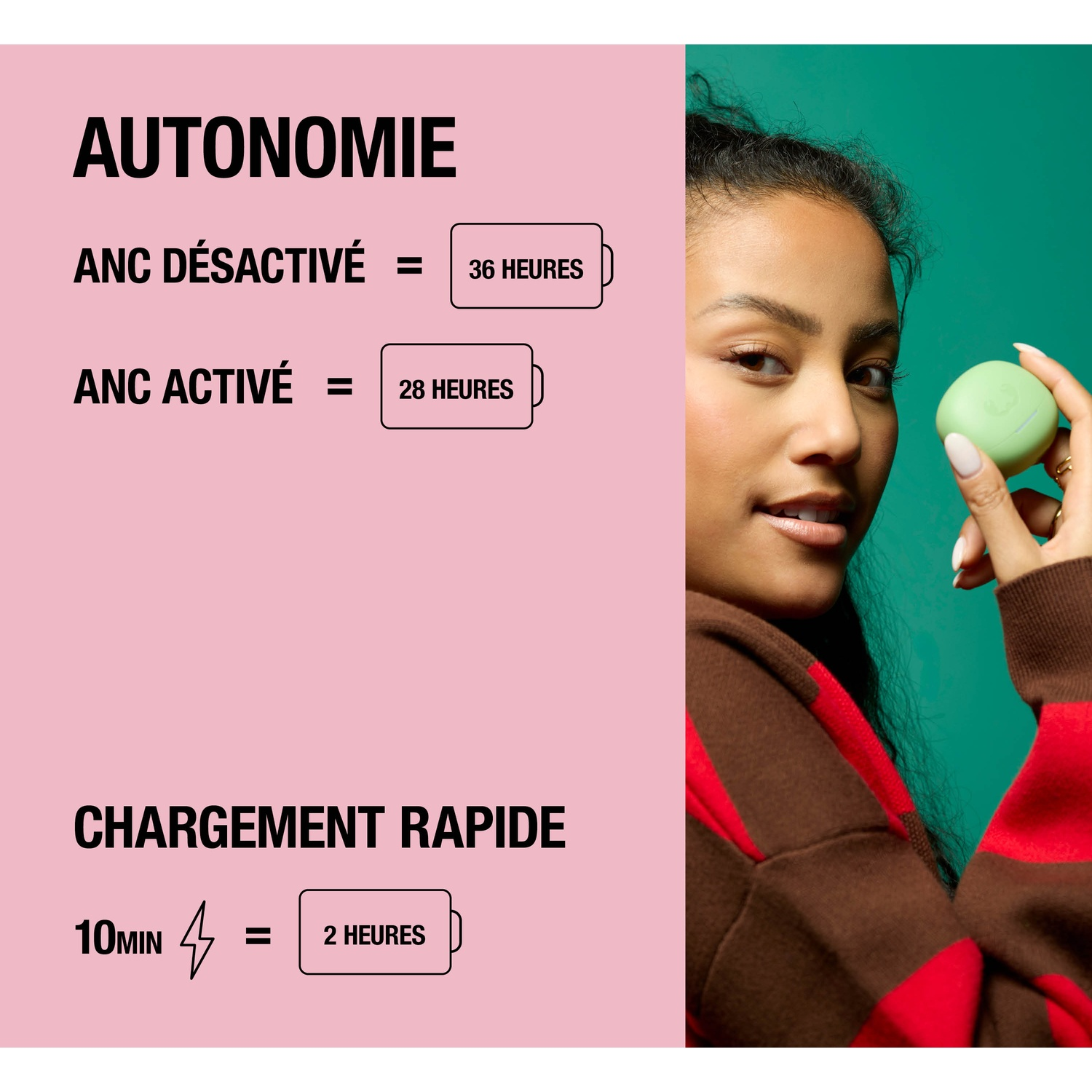 Graphique autonomie écouteurs: 36h (ANC désactivé), 28h (ANC activé), 10 min charge = 2h.