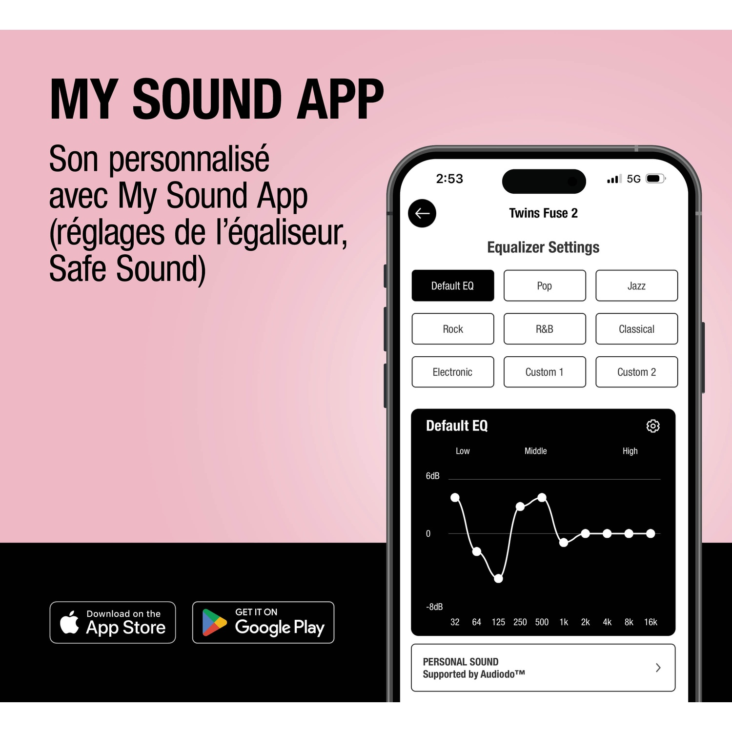 Écran d'application affichant les paramètres de l'égaliseur avec courbe EQ et boutons de téléchargement.