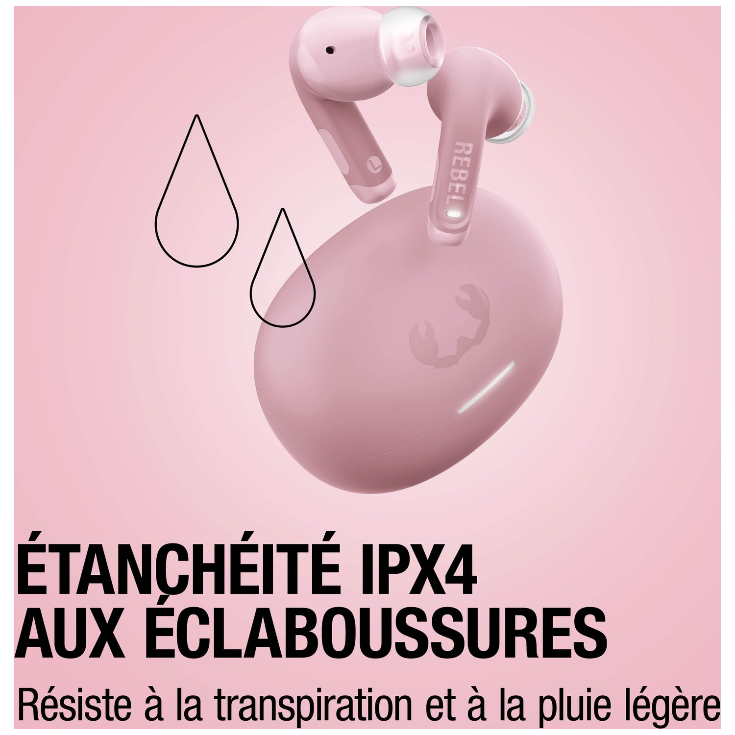 Écouteurs sans fil roses avec étui de chargement, IPX4 résistant aux éclaboussures.