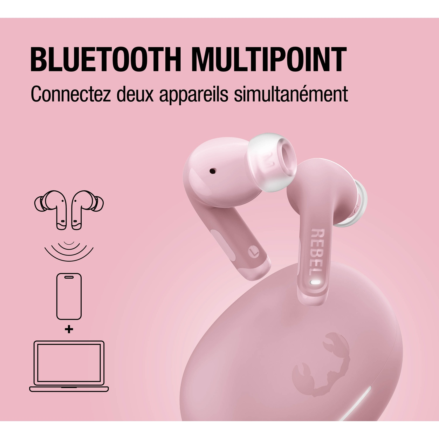 Écouteurs roses et étui de chargement. Gauche : icône de connexion Bluetooth.