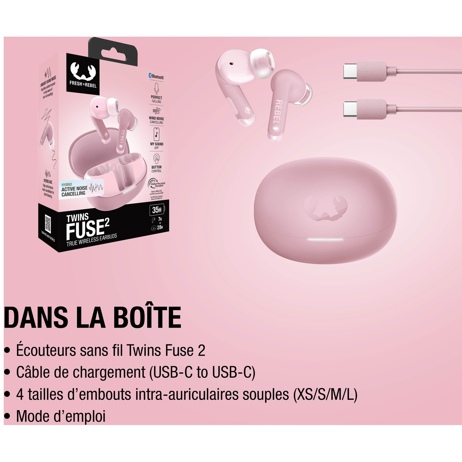 Écouteurs roses Fresh Rebel Twins Fuse 2 avec étui de chargement et câbles.
