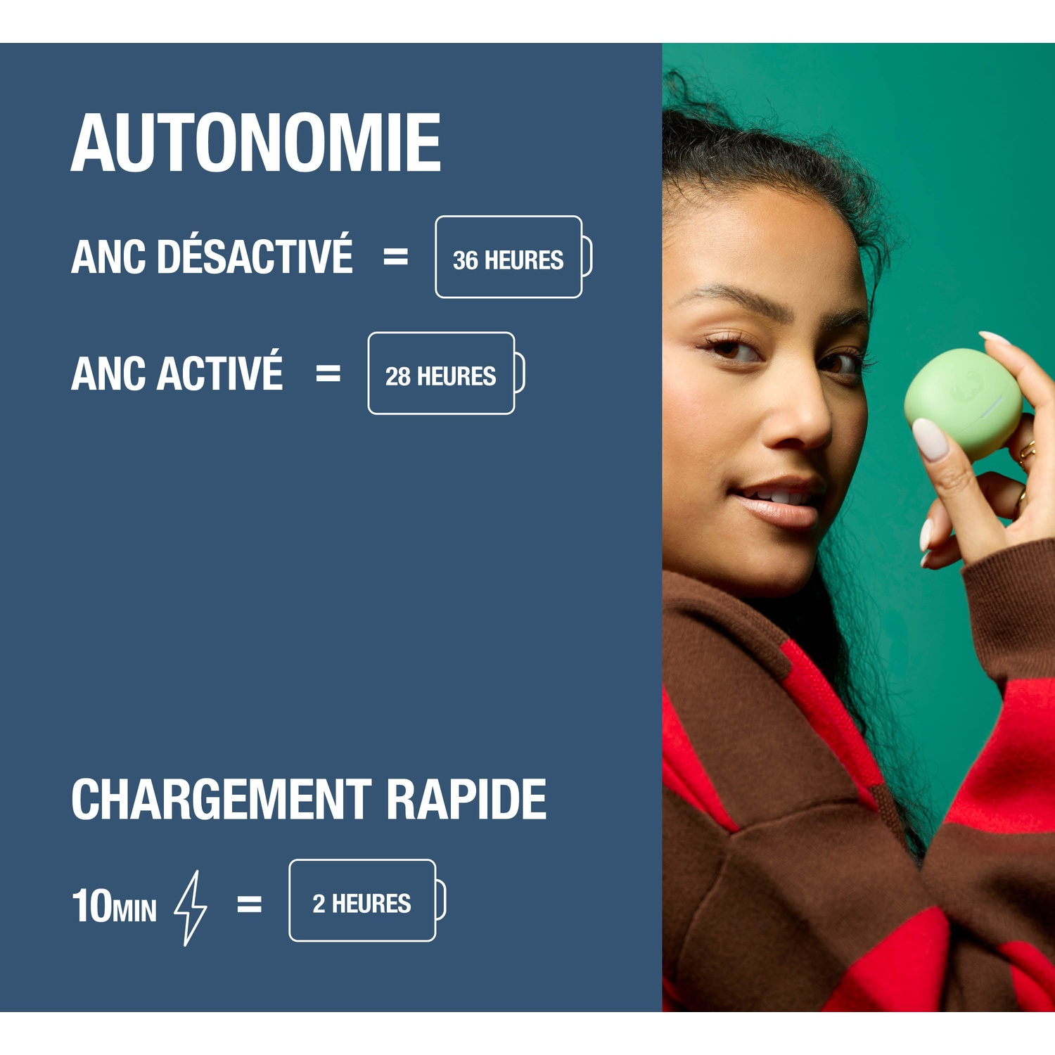 Femme tenant un étui vert. Texte sur l'autonomie : 36h (ANC désactivé), 28h (ANC activé).