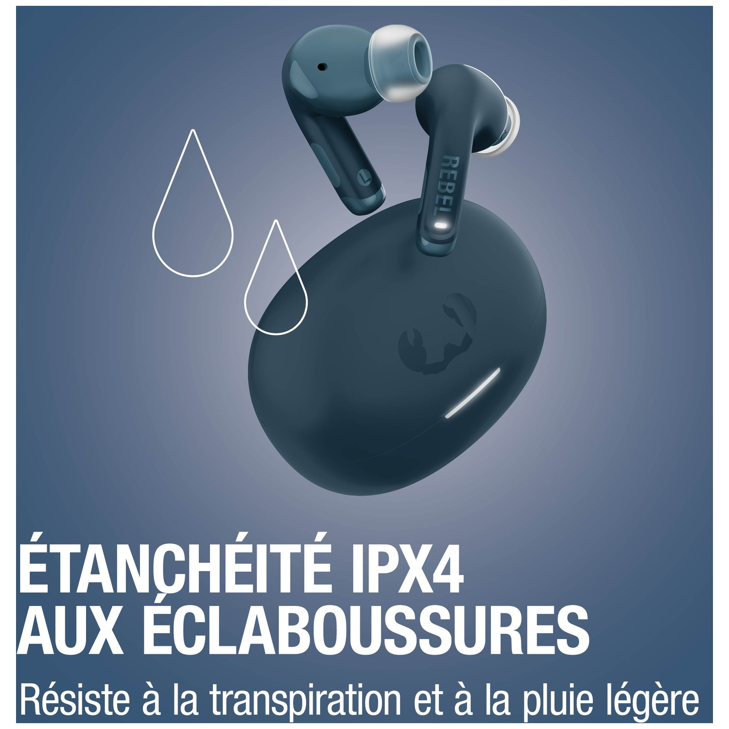 Écouteurs sans fil bleu foncé avec étui de chargement, IPX4.