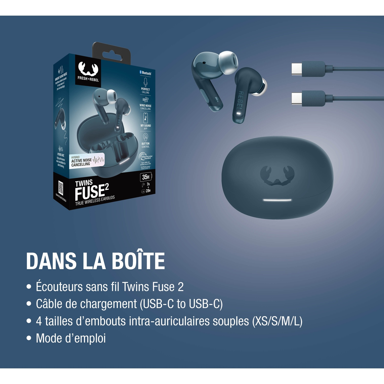 Écouteurs Fresh & Rebel Twins Fuse2, étui de chargement et câbles sur fond bleu.