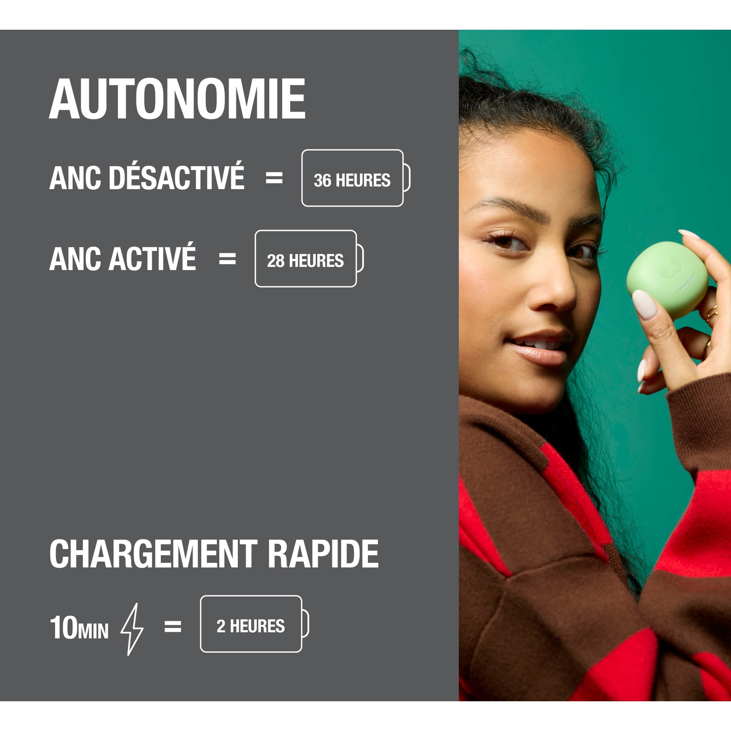 Une femme tient un étui vert. Texte sur l'autonomie et la charge rapide.
