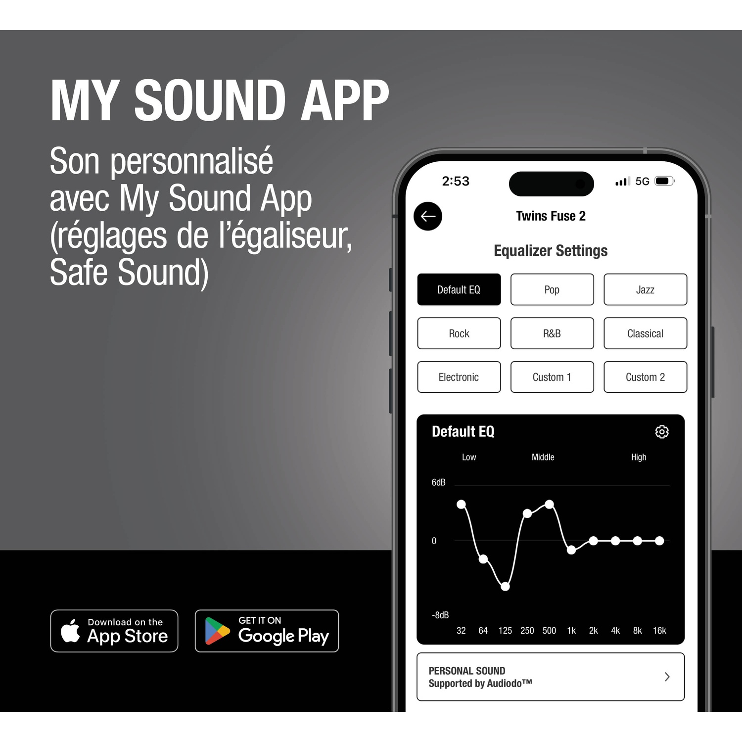 Écran d'application affichant les réglages de l'égaliseur et un graphique. 'My Sound App' est visible.