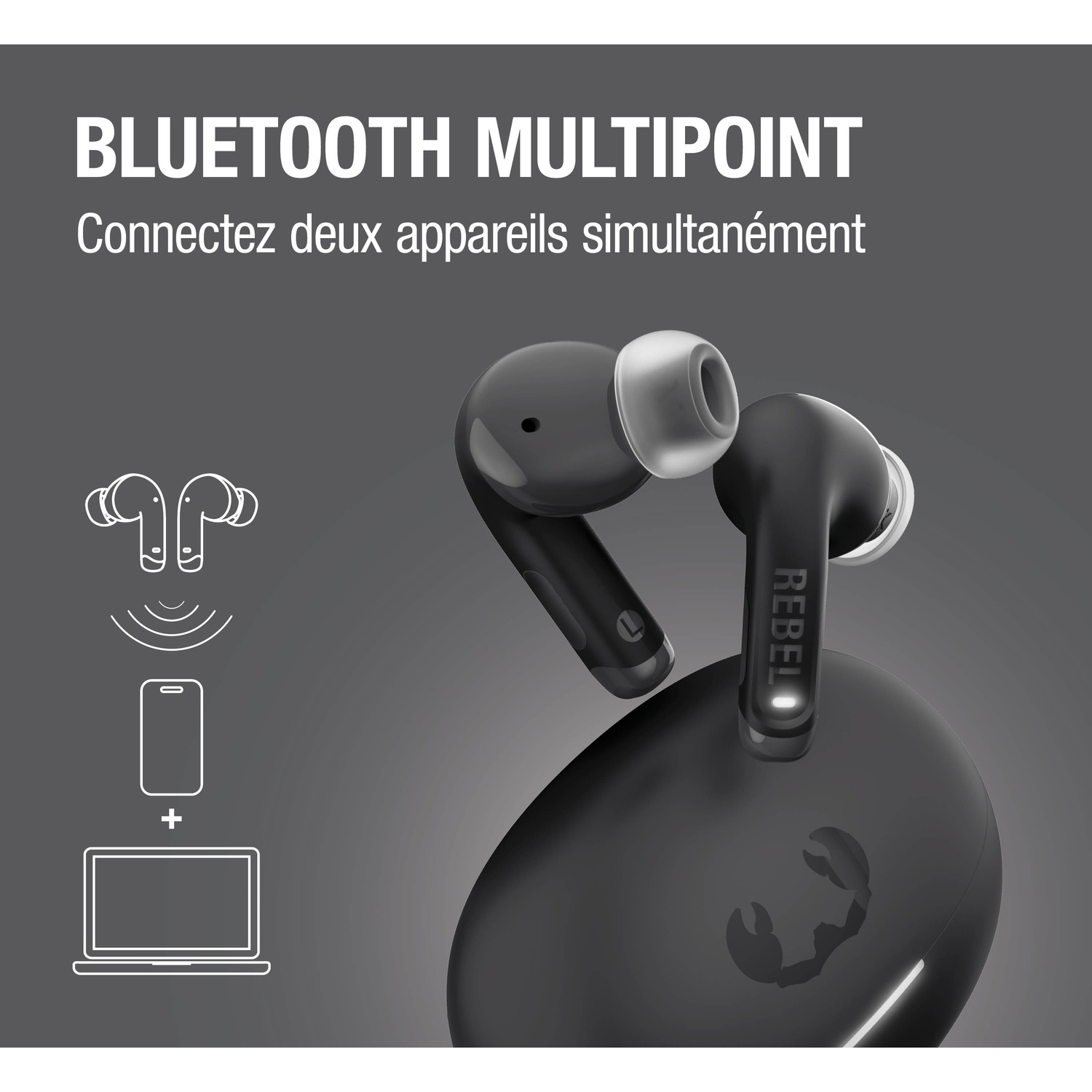 Écouteurs sans fil noirs et étui de chargement avec graphique multipoint Bluetooth.