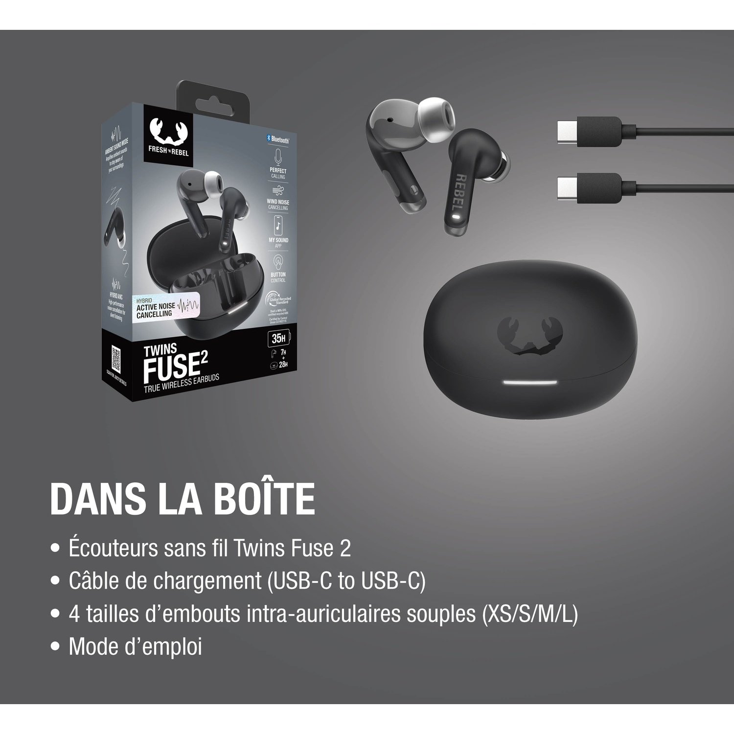 Écouteurs Fresh 'n Rebel Twins Fuse 2 avec étui de chargement, câble USB-C et manuel.