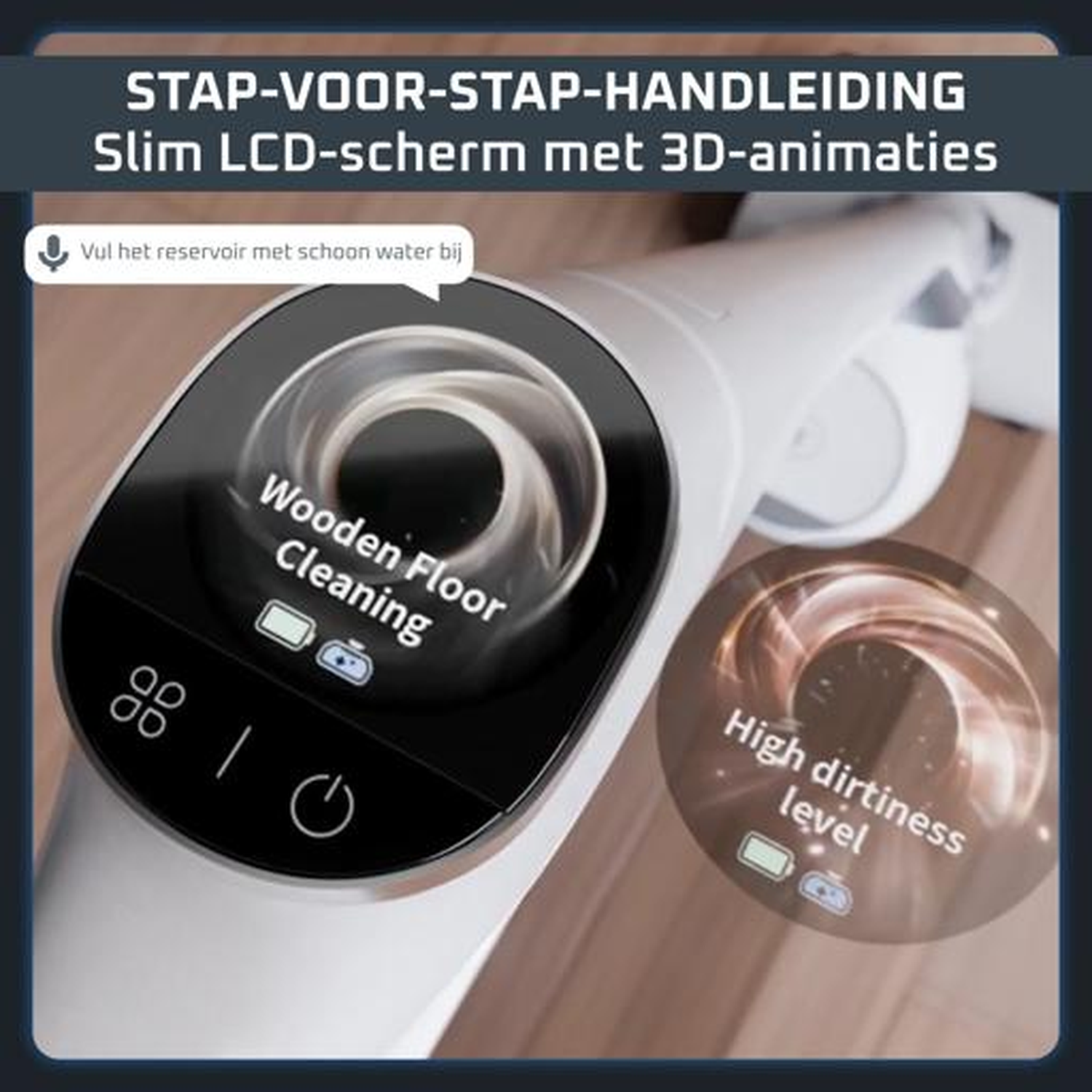 Close-up of a white vacuum cleaner part with an LCD screen showing 'Wooden Floor Cleaning'.