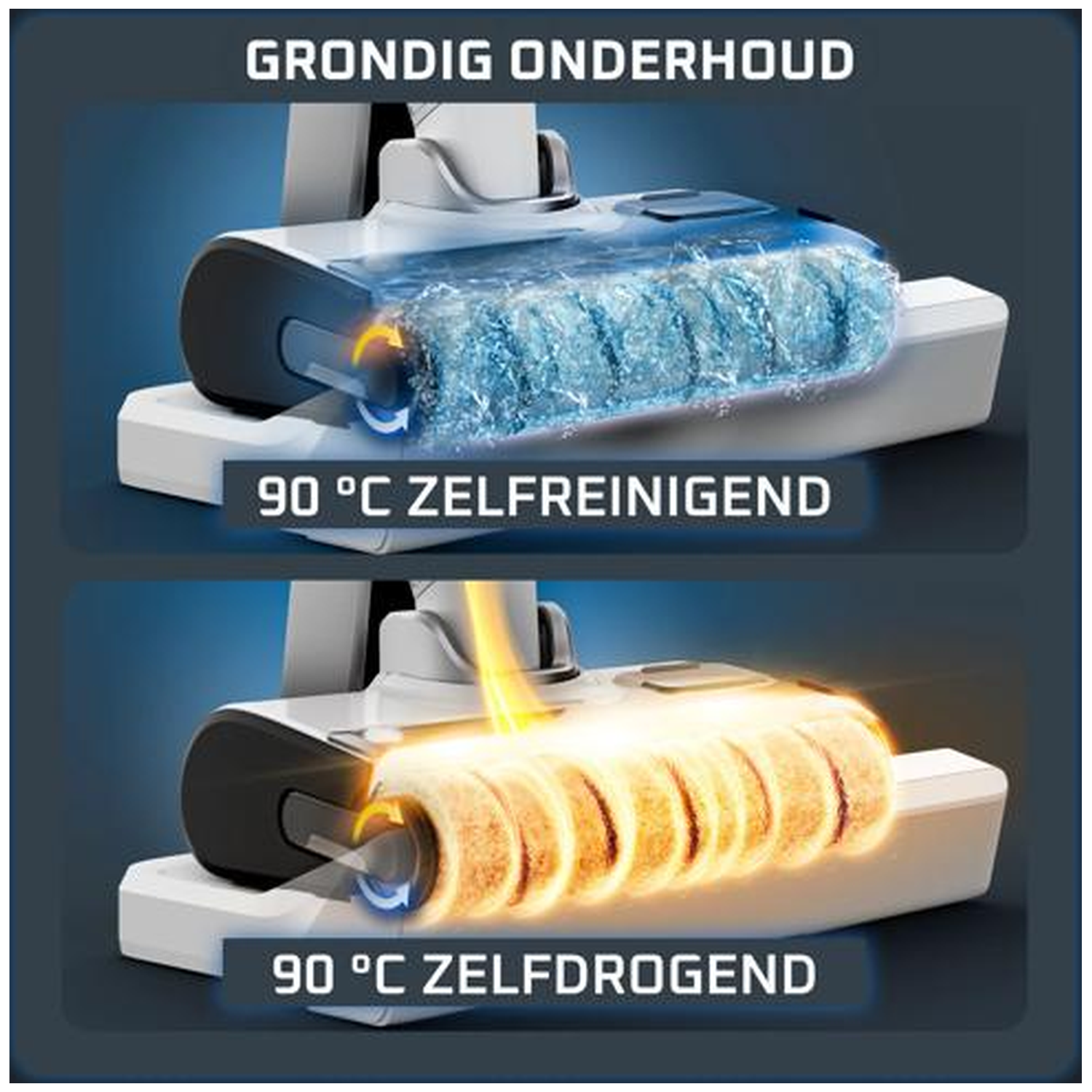 Top: Brush with water. Bottom: Brush with heat. 90°C self-cleaning and drying.