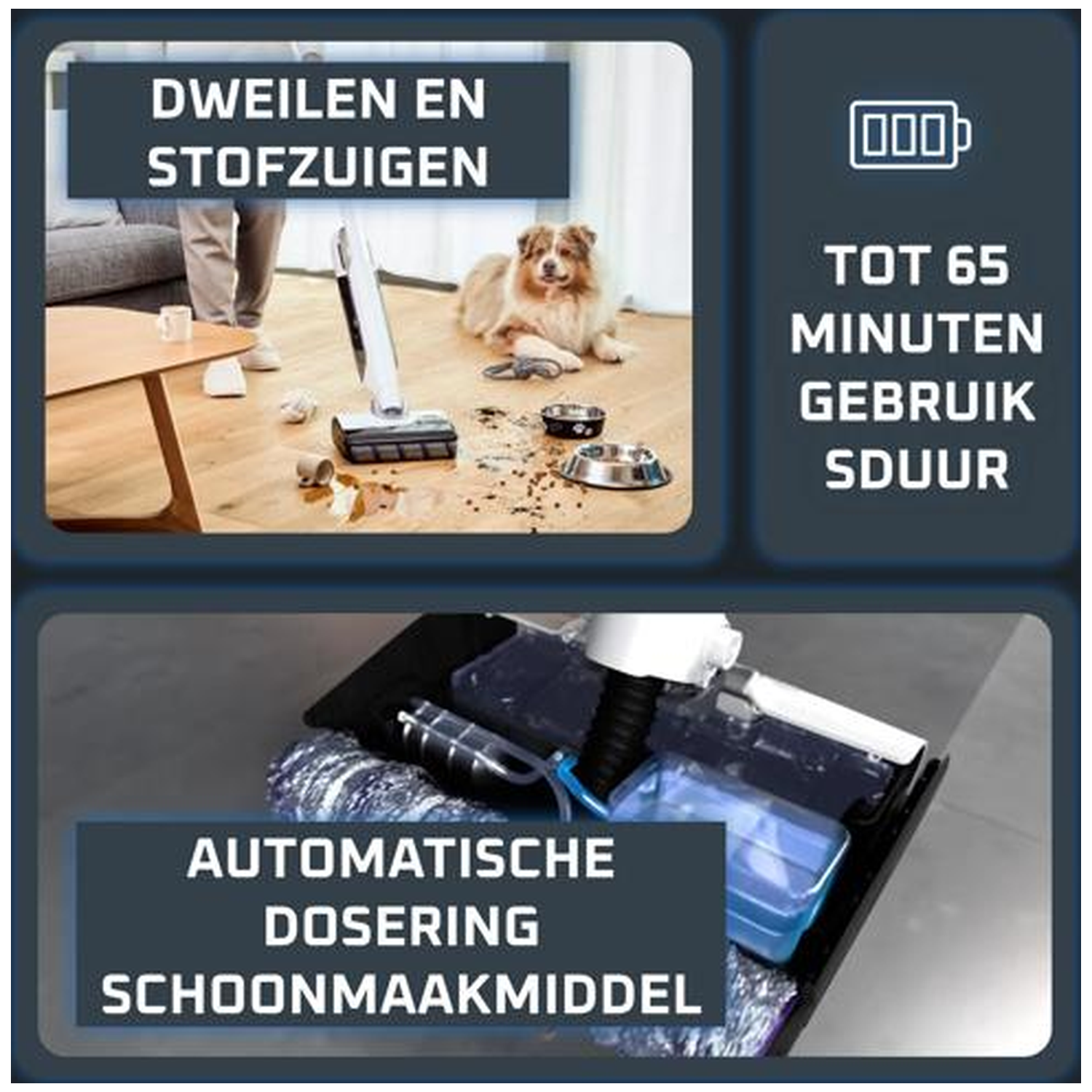 Floor cleaner: Mop, vacuum, up to 65 min battery life, automatic detergent dispensing.