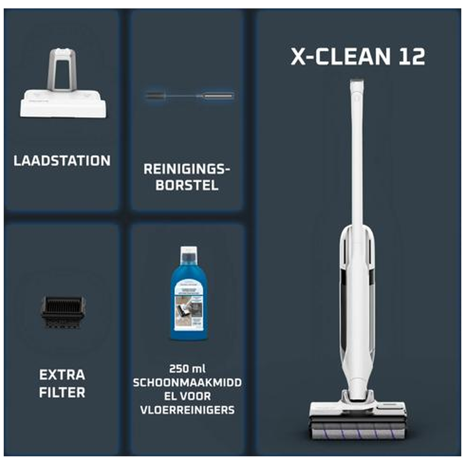 X-CLEAN 12 vacuum with charging station, brush, filter, and cleaning solution.