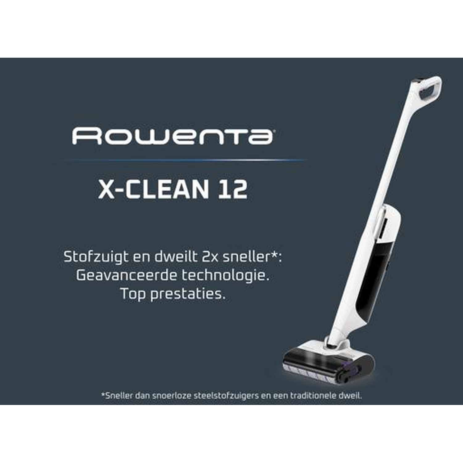 A white and black Rowenta X-CLEAN 12 vacuum cleaner with mopping function.